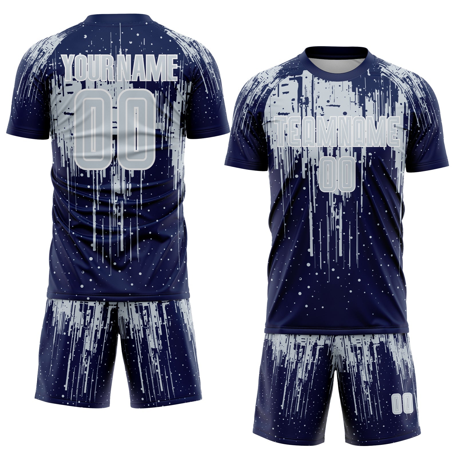 Custom Navy Silver-White Dripping Splatte Pattern Sports Sublimation Soccer Uniform Jersey