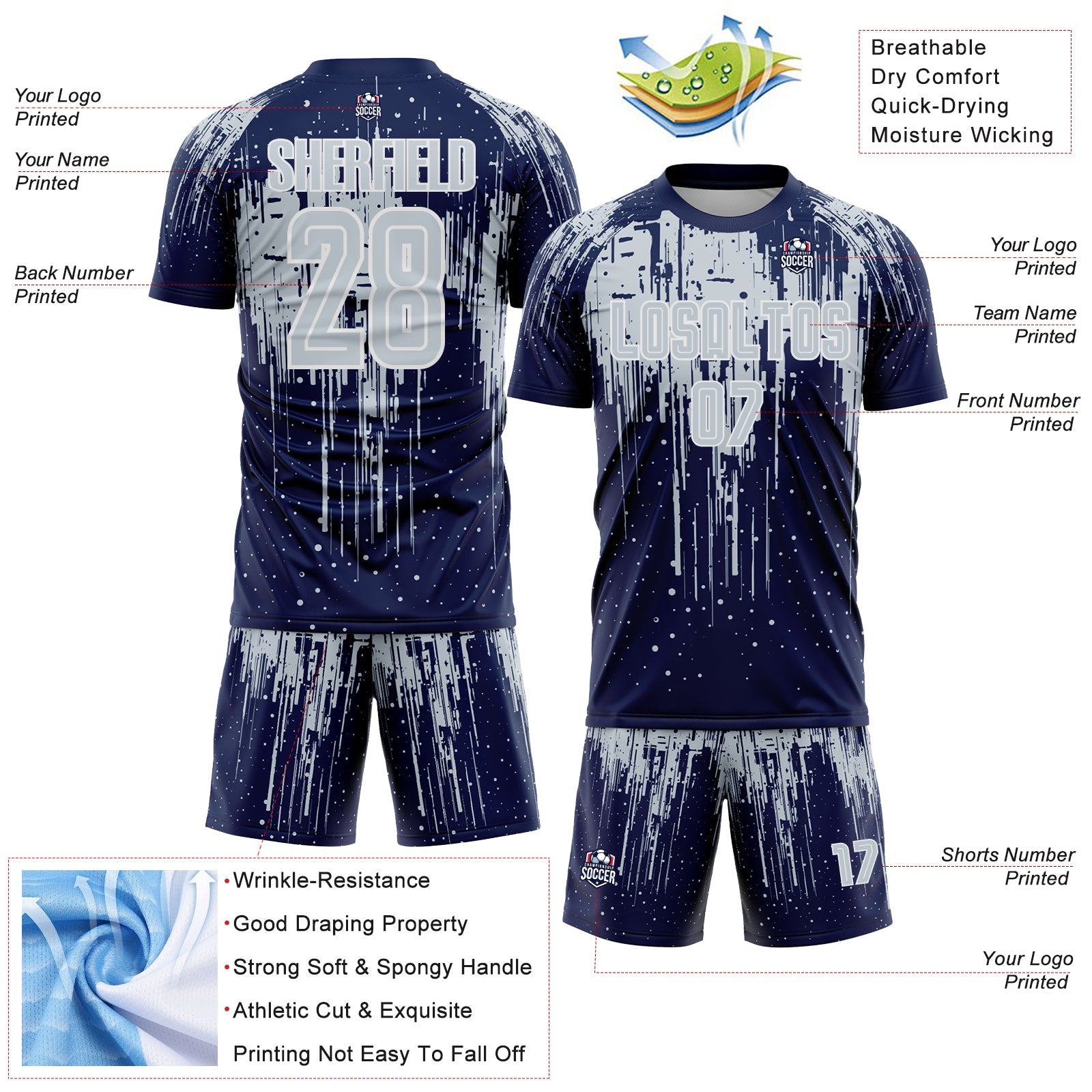 Custom Navy Silver-White Dripping Splatte Pattern Sports Sublimation Soccer Uniform Jersey