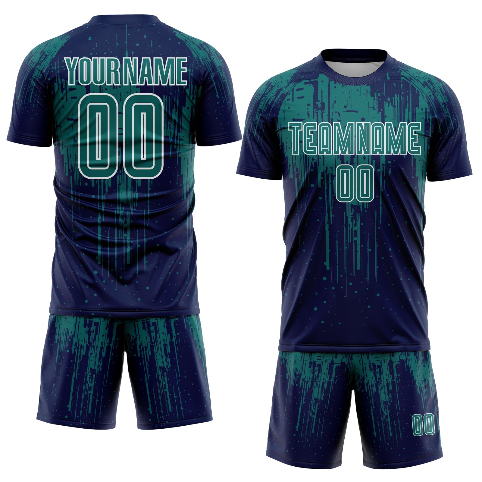 Custom Navy Teal-White Dripping Splatte Pattern Sports Sublimation Soccer Uniform Jersey