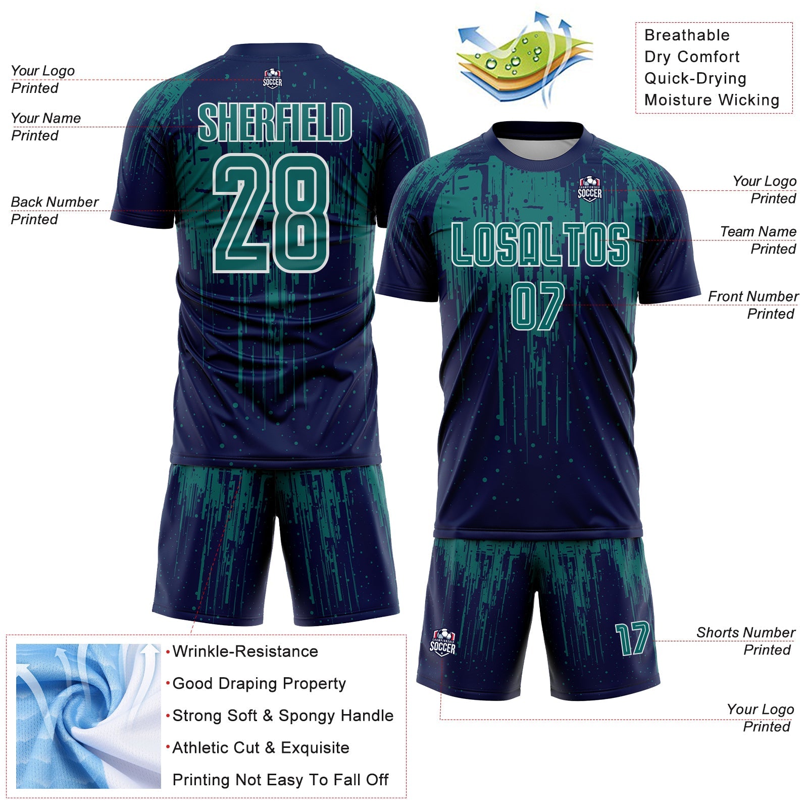 Custom Navy Teal-White Dripping Splatte Pattern Sports Sublimation Soccer Uniform Jersey