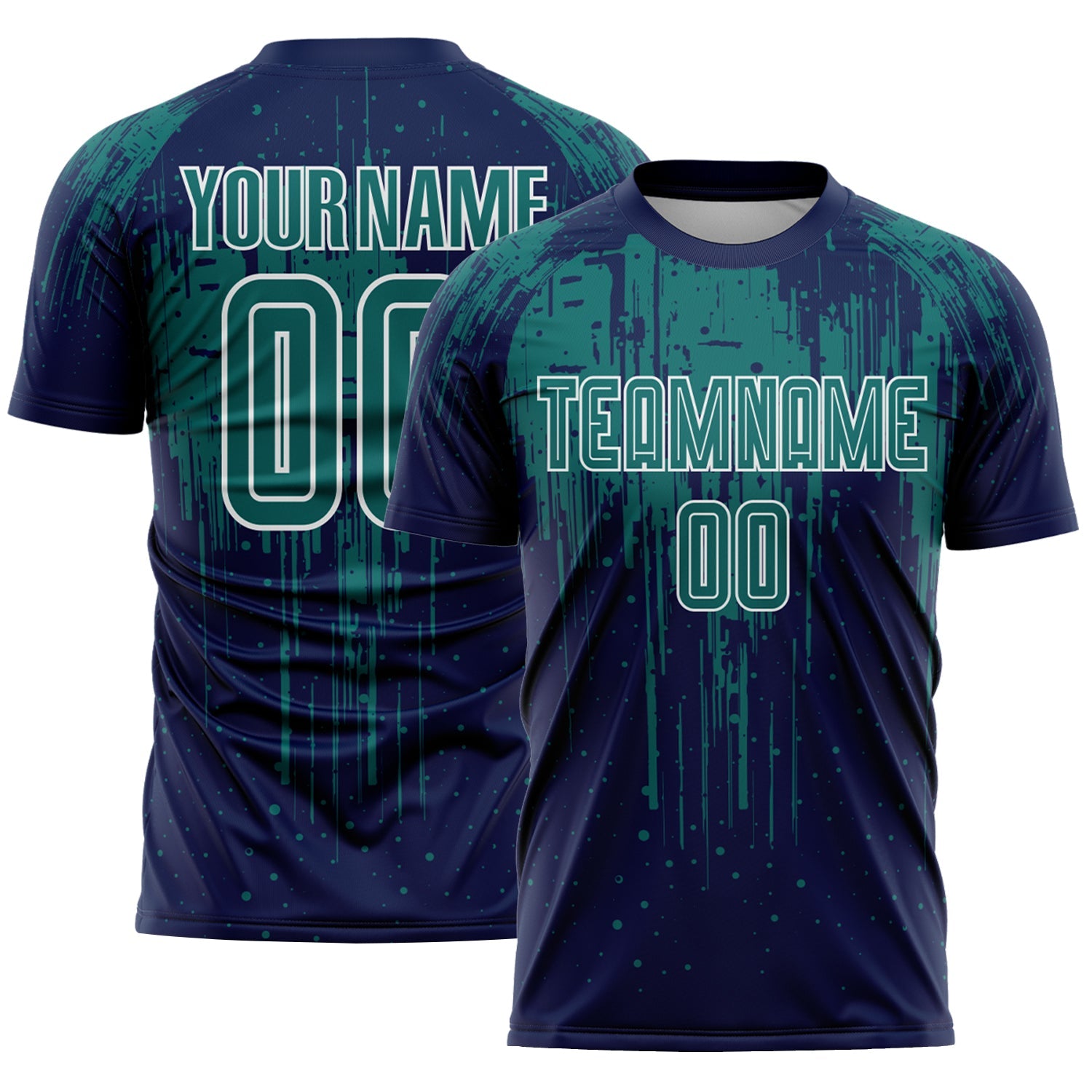 Custom Navy Teal-White Dripping Splatte Pattern Sports Sublimation Soccer Uniform Jersey