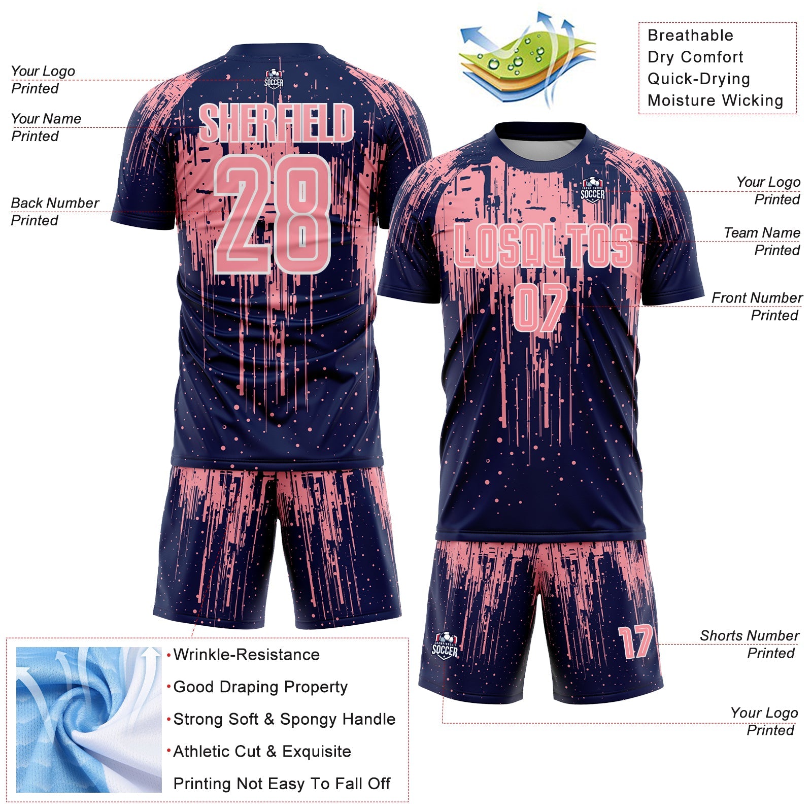 Custom Navy Medium Pink-White Dripping Splatte Pattern Sports Sublimation Soccer Uniform Jersey