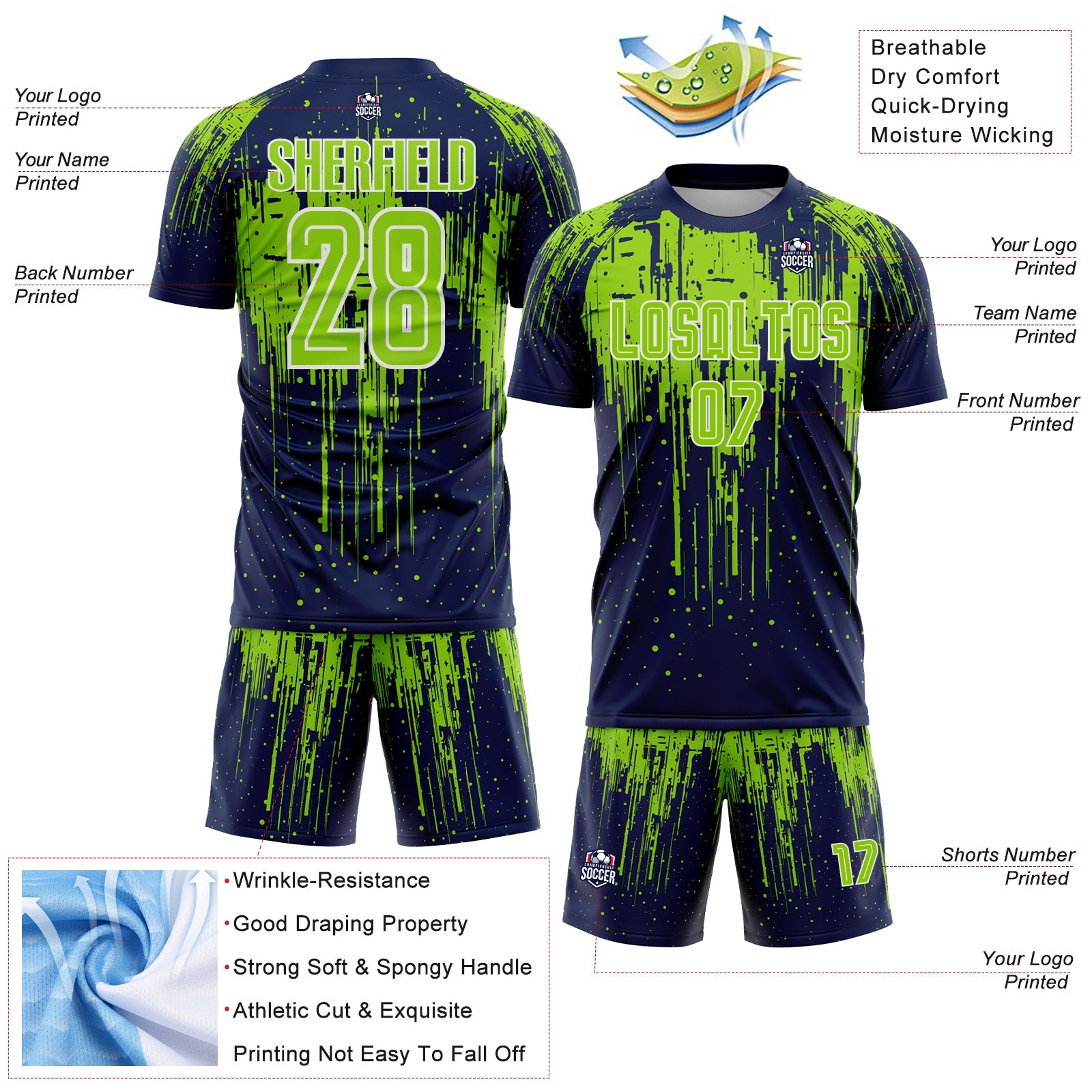 Custom Navy Neon Green-White Dripping Splatte Pattern Sports Sublimation Soccer Uniform Jersey