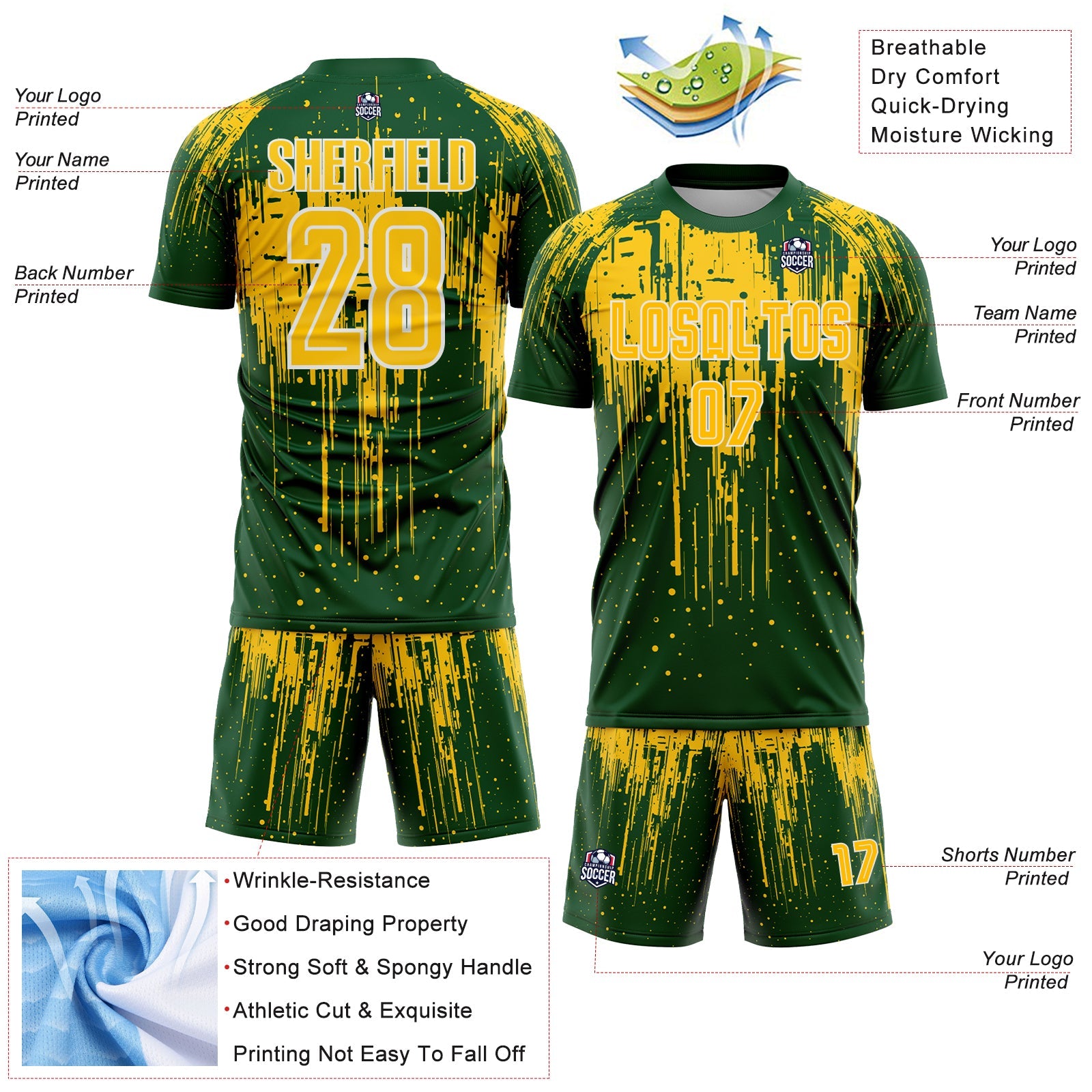 Custom Green Yellow-White Dripping Splatte Pattern Sports Sublimation Soccer Uniform Jersey