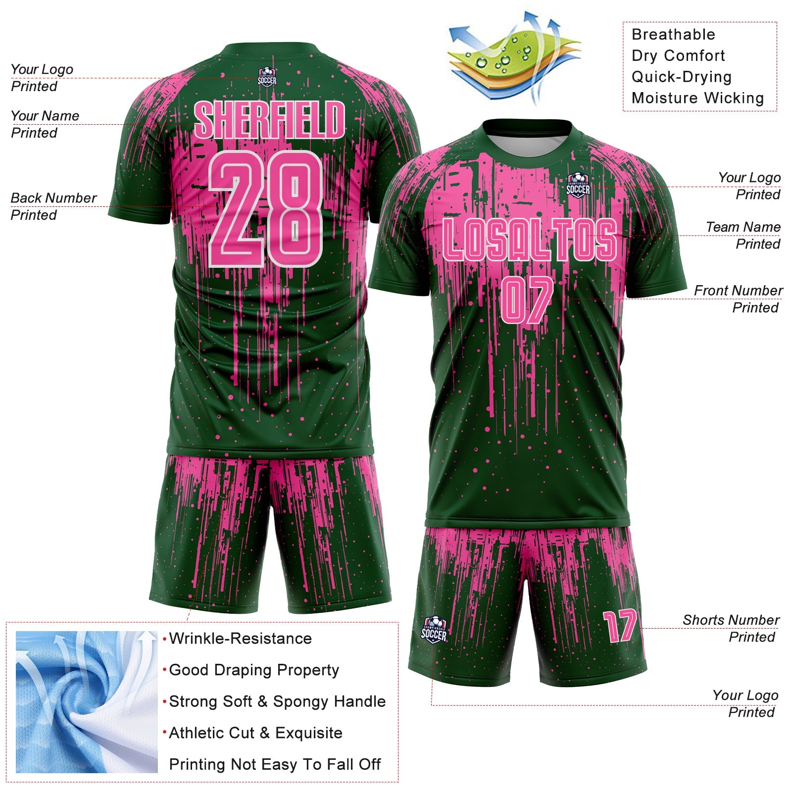 Custom Green Pink-White Dripping Splatte Pattern Sports Sublimation Soccer Uniform Jersey