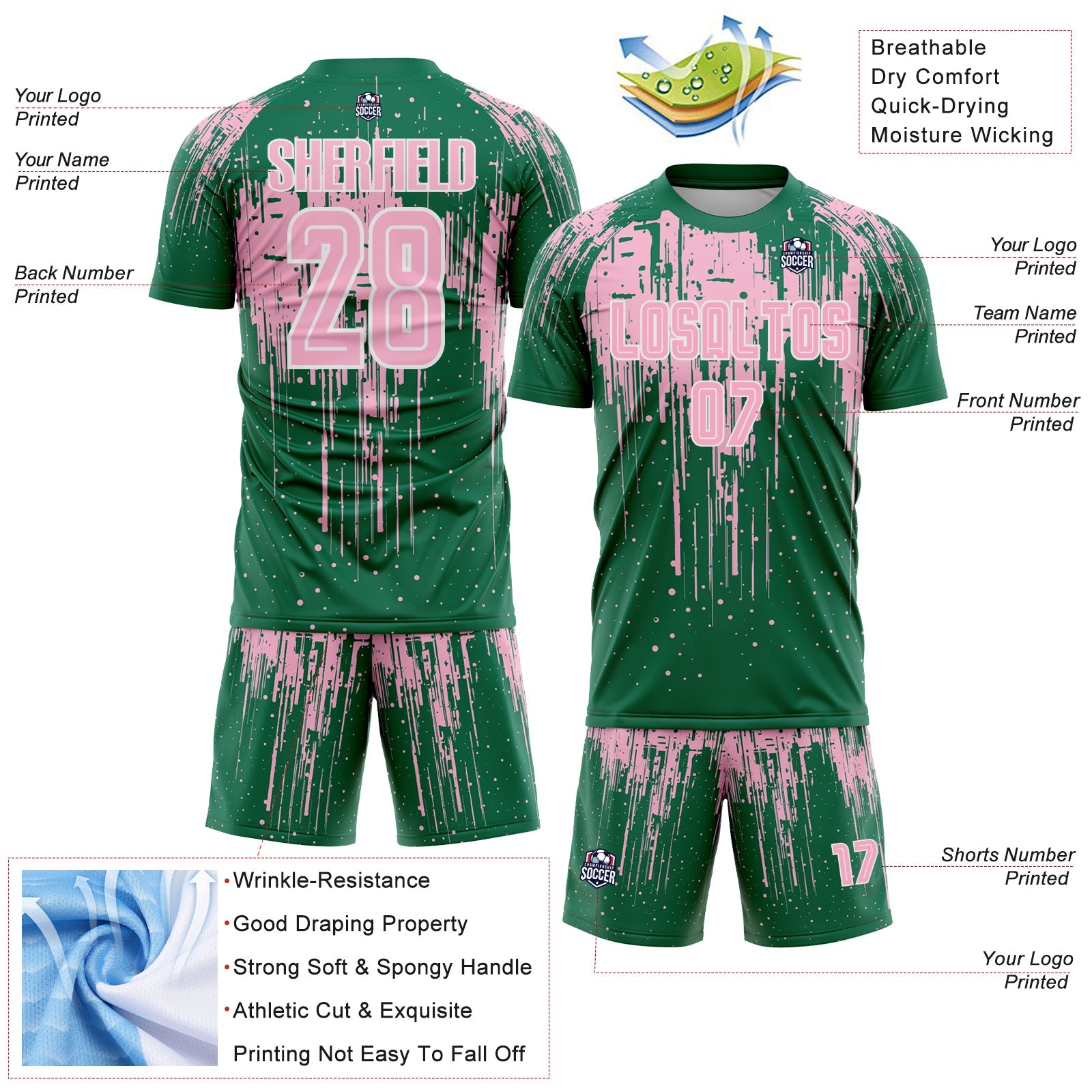 Custom Kelly Green Light Pink-White Dripping Splatte Pattern Sports Sublimation Soccer Uniform Jersey