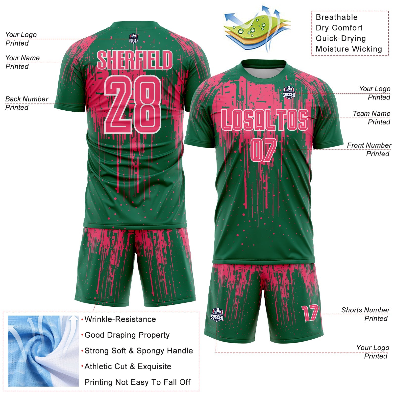 Custom Kelly Green Neon Pink-White Dripping Splatte Pattern Sports Sublimation Soccer Uniform Jersey