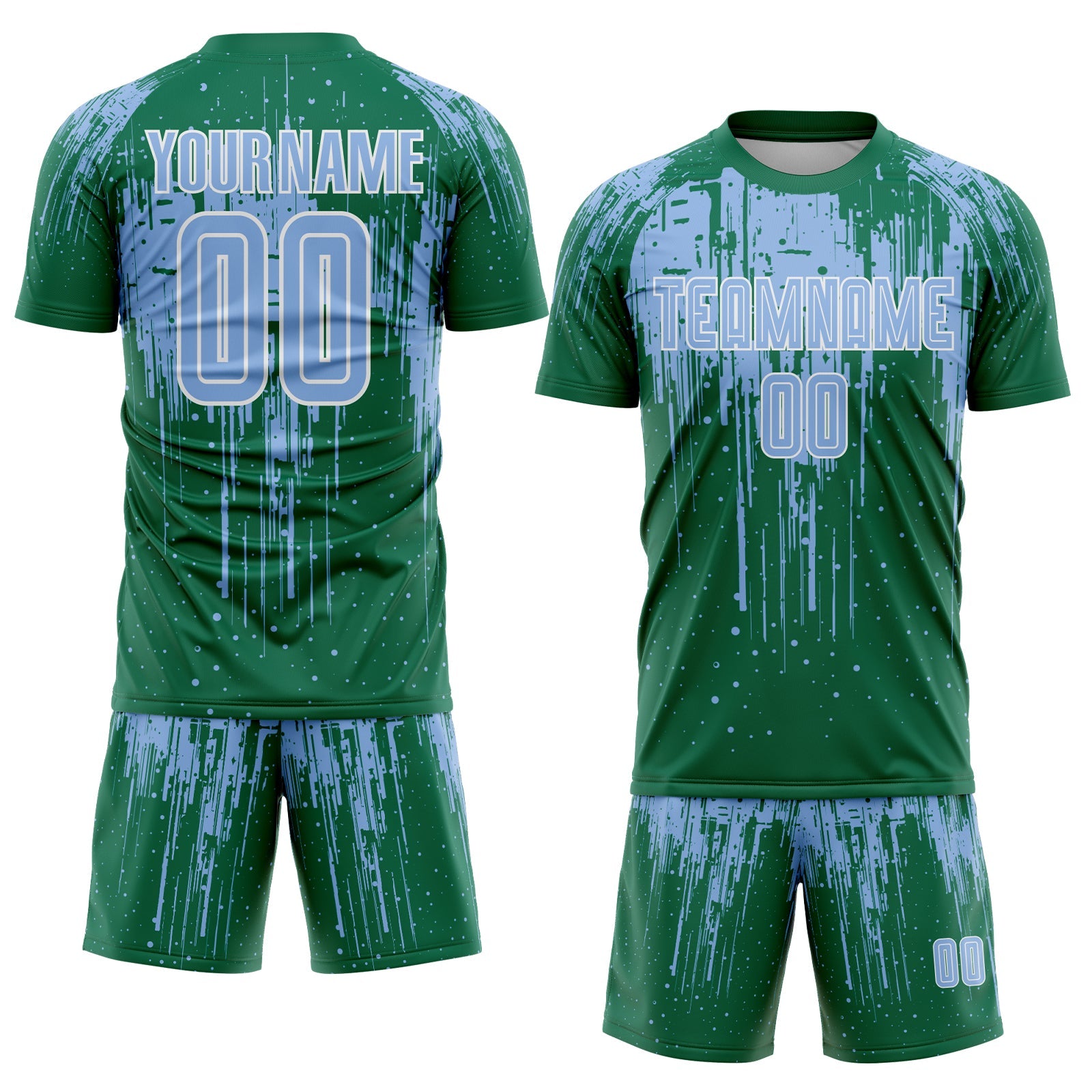 Custom Kelly Green Light Blue-White Dripping Splatte Pattern Sports Sublimation Soccer Uniform Jersey