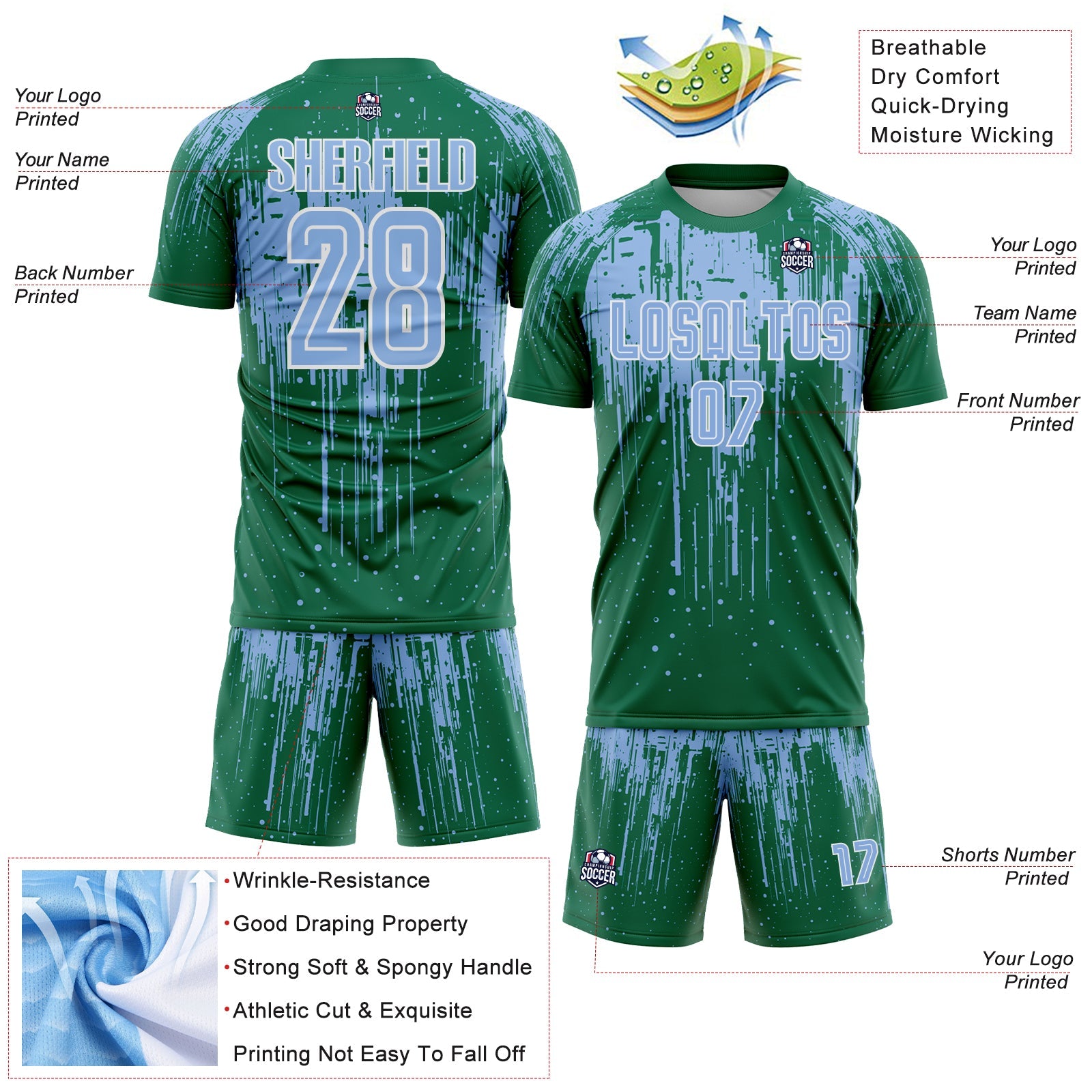 Custom Kelly Green Light Blue-White Dripping Splatte Pattern Sports Sublimation Soccer Uniform Jersey