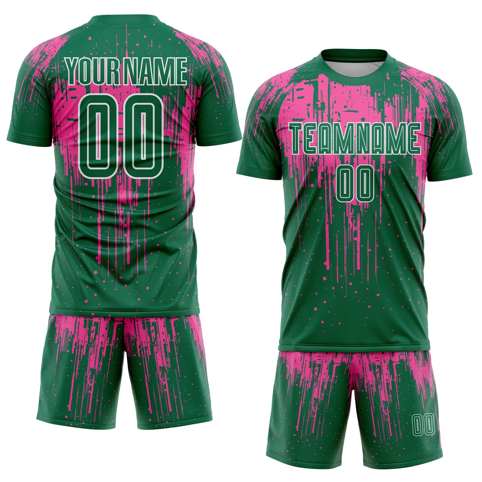 Custom Kelly Green Pink-White Dripping Splatte Pattern Sports Sublimation Soccer Uniform Jersey