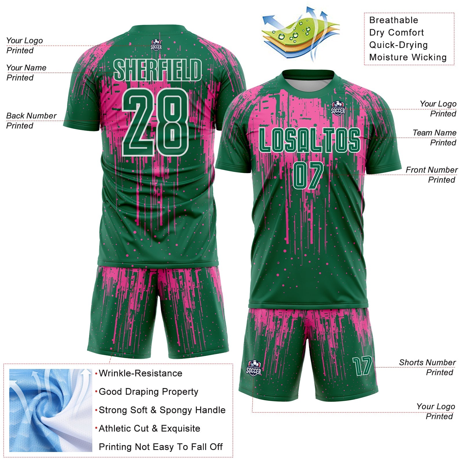 Custom Kelly Green Pink-White Dripping Splatte Pattern Sports Sublimation Soccer Uniform Jersey
