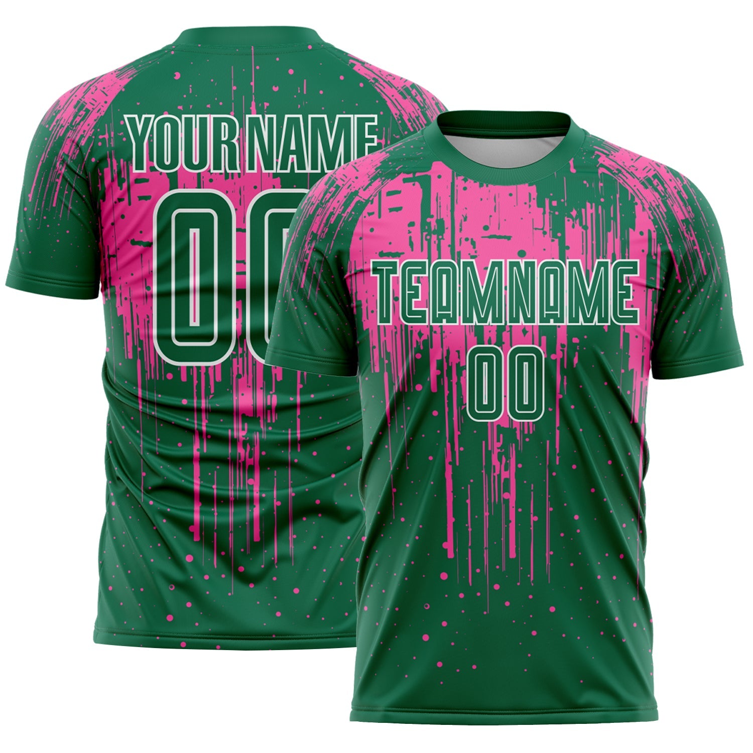 Custom Kelly Green Pink-White Dripping Splatte Pattern Sports Sublimation Soccer Uniform Jersey