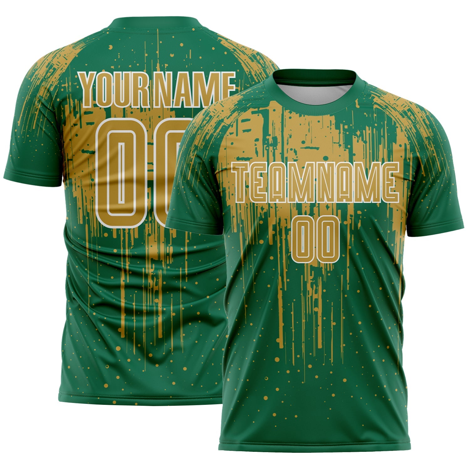 Custom Kelly Green Old Gold-White Dripping Splatte Pattern Sports Sublimation Soccer Uniform Jersey