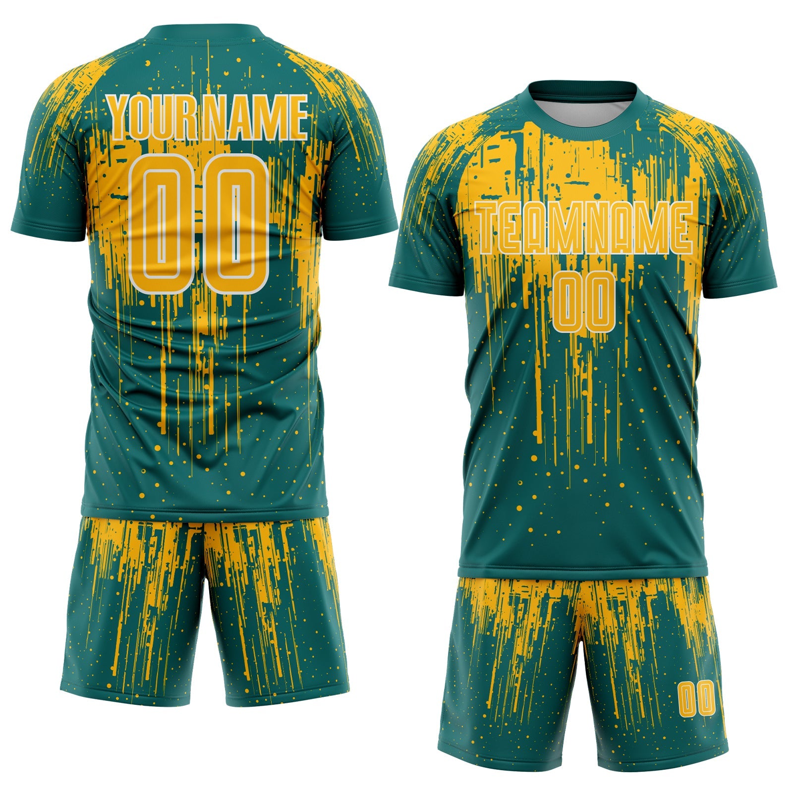 Custom Teal Gold-White Dripping Splatte Pattern Sports Sublimation Soccer Uniform Jersey