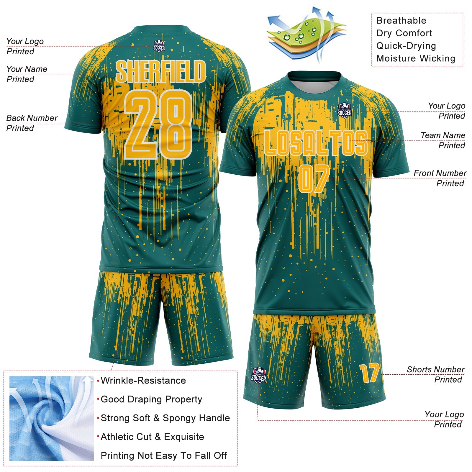 Custom Teal Gold-White Dripping Splatte Pattern Sports Sublimation Soccer Uniform Jersey