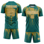 Custom Teal Old Gold-White Dripping Splatte Pattern Sports Sublimation Soccer Uniform Jersey