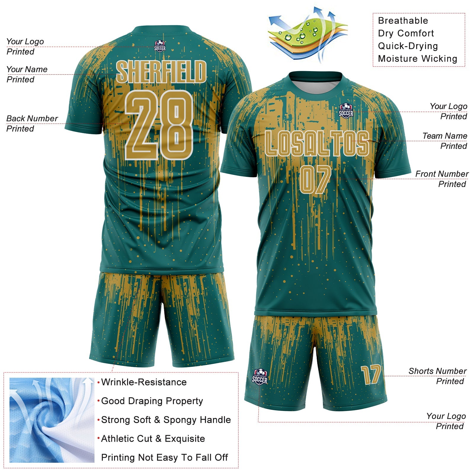 Custom Teal Old Gold-White Dripping Splatte Pattern Sports Sublimation Soccer Uniform Jersey