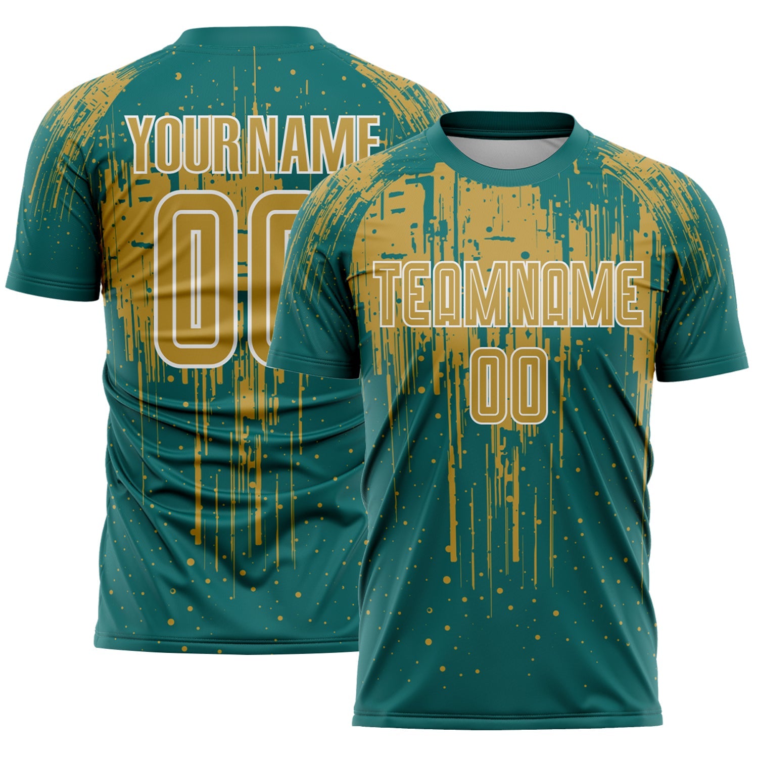 Custom Teal Old Gold-White Dripping Splatte Pattern Sports Sublimation Soccer Uniform Jersey