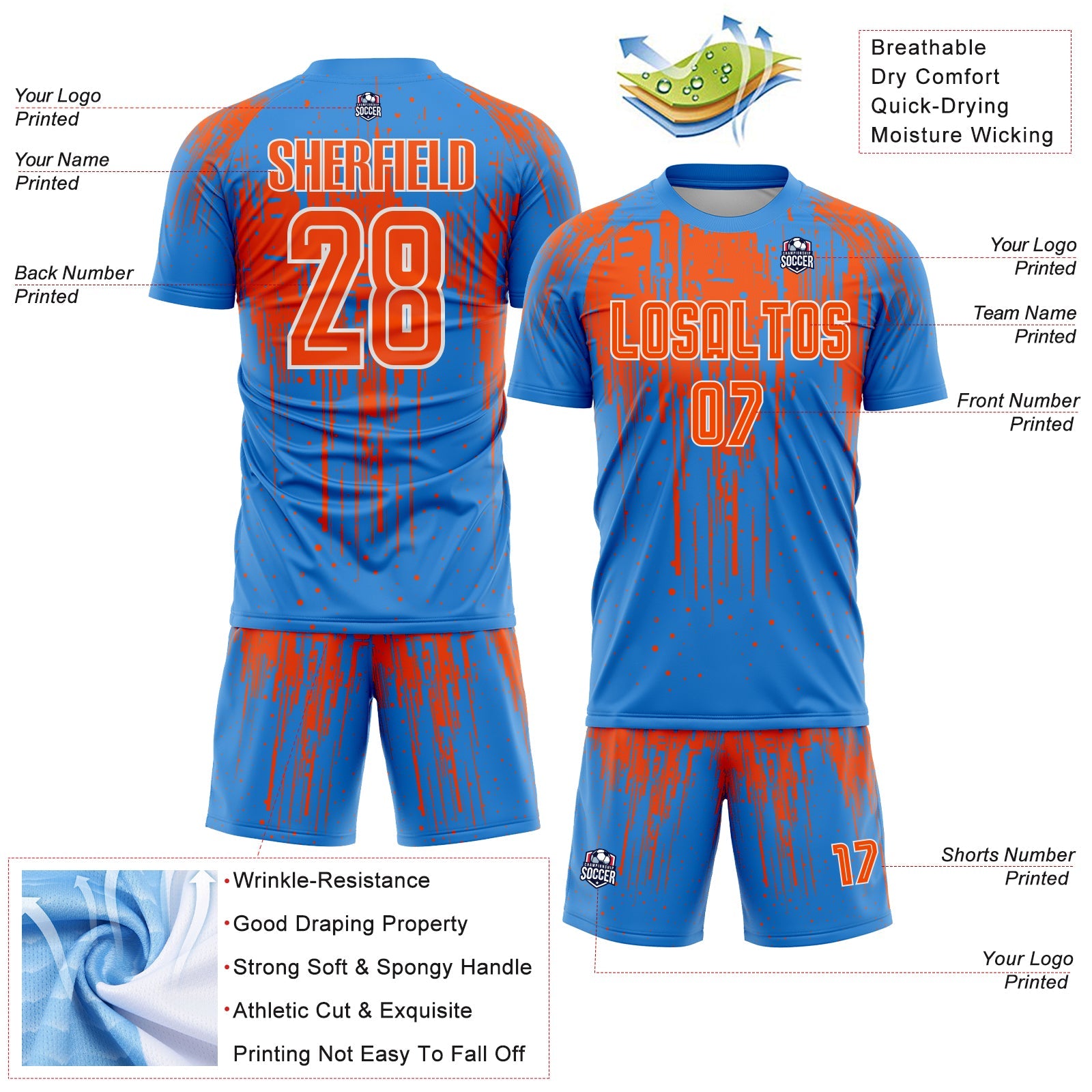 Custom Powder Blue Orange-White Dripping Splatte Pattern Sports Sublimation Soccer Uniform Jersey