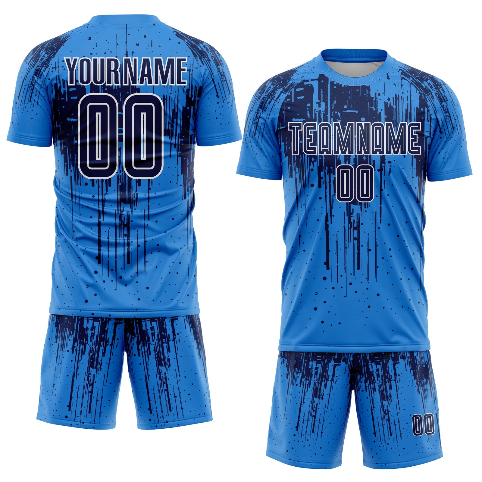 Custom Powder Blue Navy-White Dripping Splatte Pattern Sports Sublimation Soccer Uniform Jersey