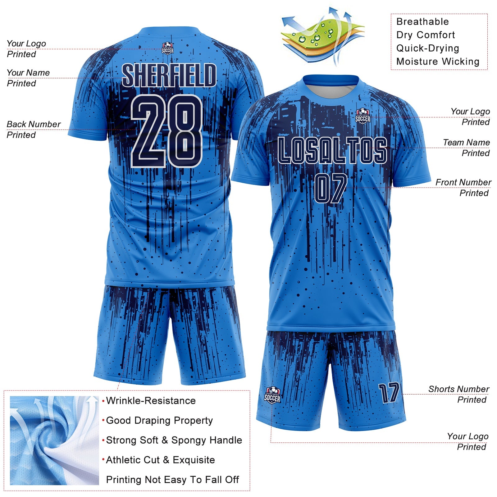 Custom Powder Blue Navy-White Dripping Splatte Pattern Sports Sublimation Soccer Uniform Jersey