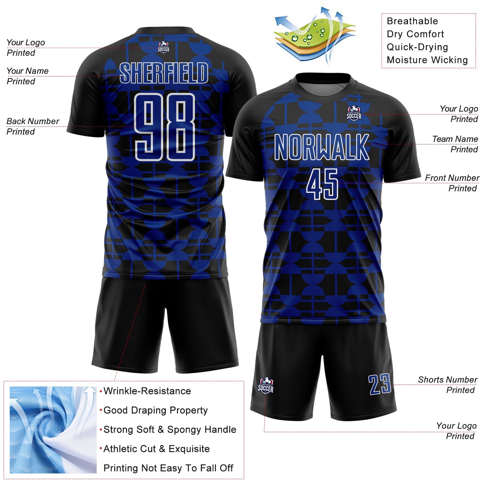 Custom Black Royal-White Geometric Shapes Sports Sublimation Soccer Uniform Jersey