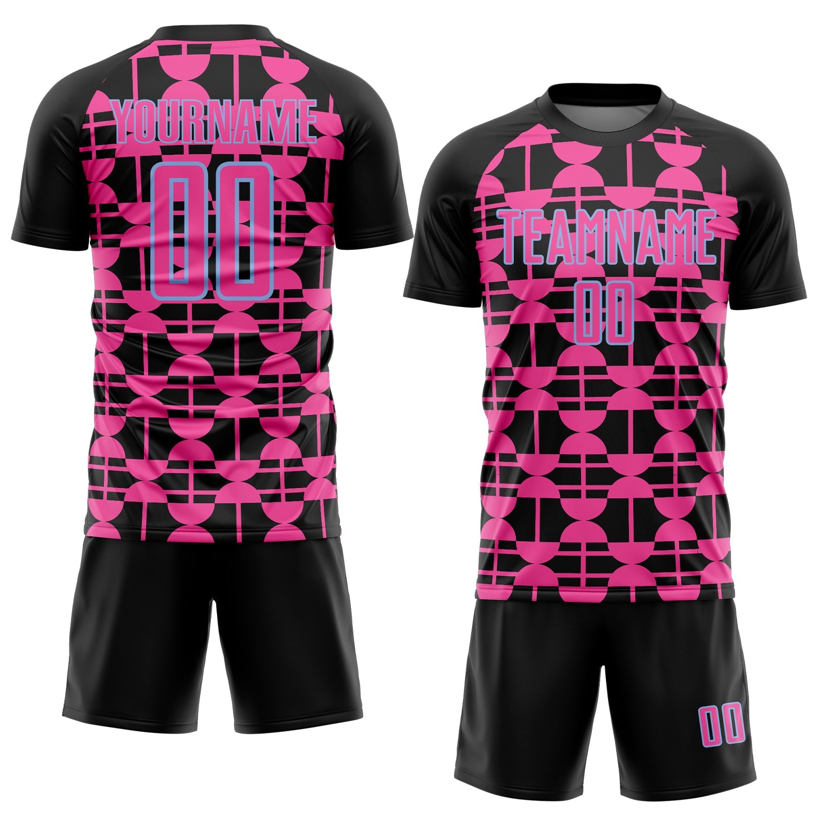 Custom Black Pink-Light Blue Geometric Shapes Sports Sublimation Soccer Uniform Jersey