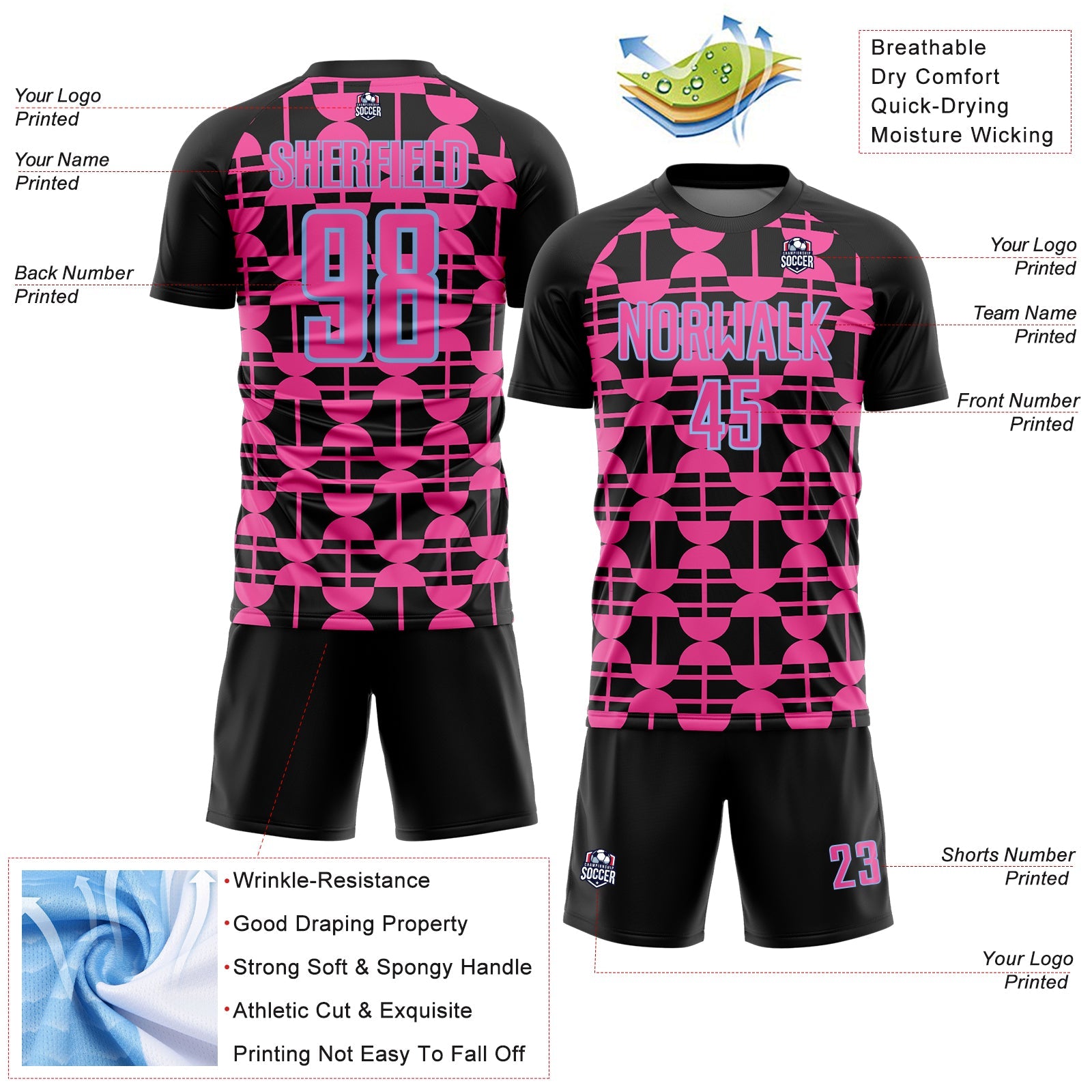 Custom Black Pink-Light Blue Geometric Shapes Sports Sublimation Soccer Uniform Jersey