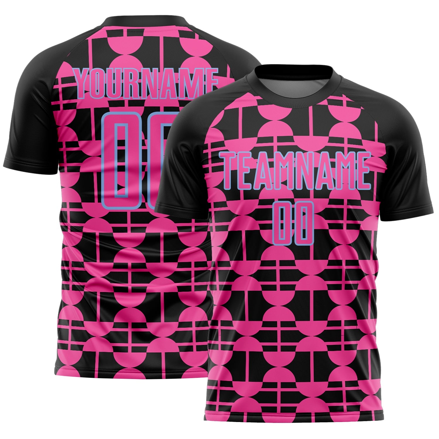 Custom Black Pink-Light Blue Geometric Shapes Sports Sublimation Soccer Uniform Jersey