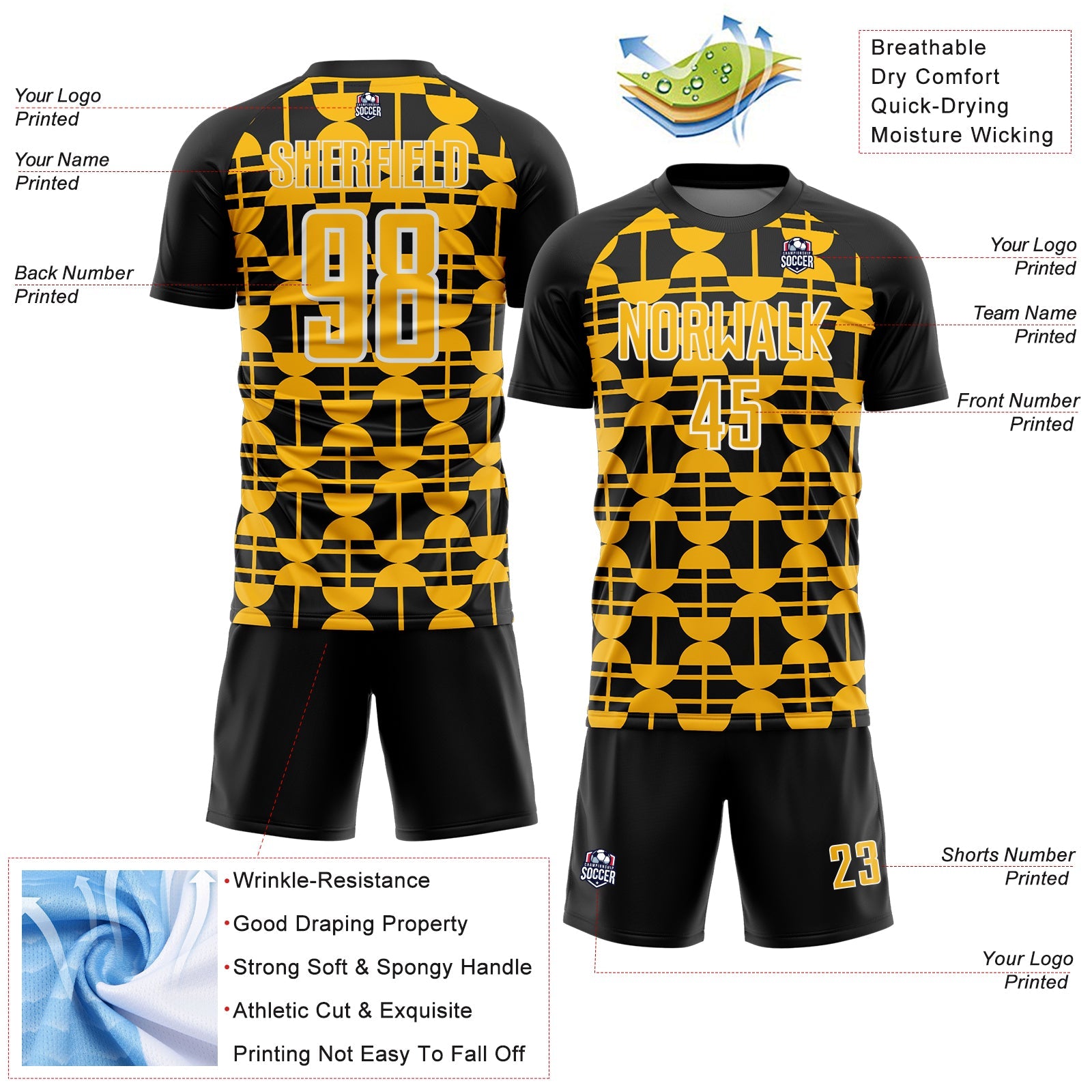 Custom Black Gold-White Geometric Shapes Sports Sublimation Soccer Uniform Jersey