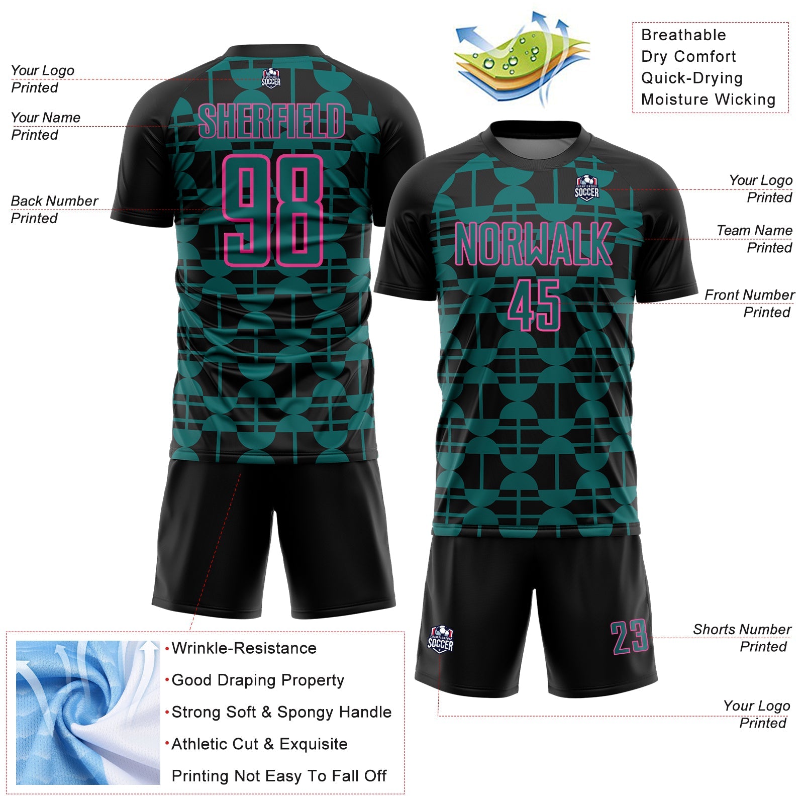 Custom Black Teal-Pink Geometric Shapes Sports Sublimation Soccer Uniform Jersey