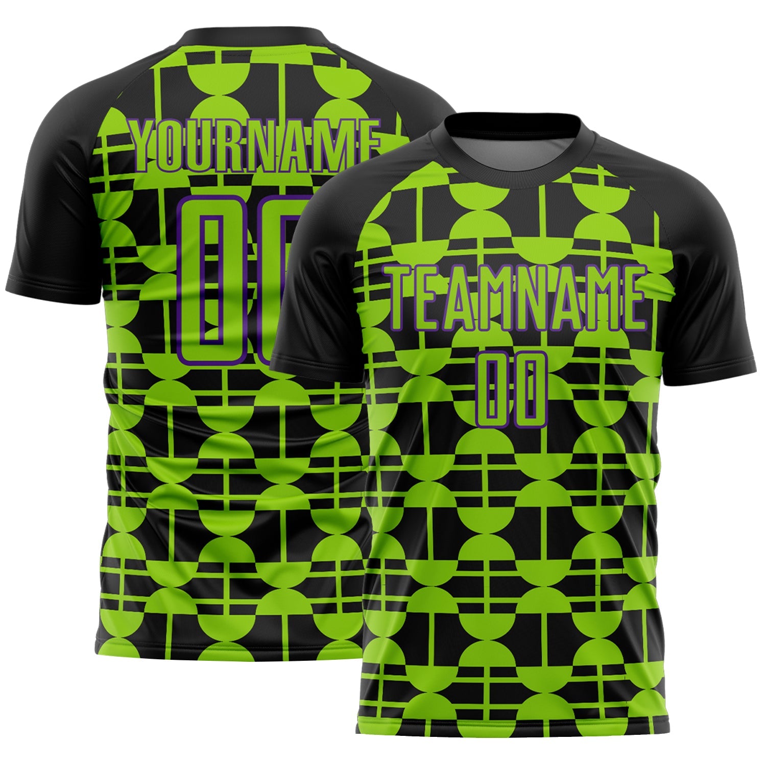 Custom Black Neon Green-Purple Geometric Shapes Sports Sublimation Soccer Uniform Jersey