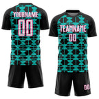 Custom Black White Aqua-Pink Geometric Shapes Sports Sublimation Soccer Uniform Jersey