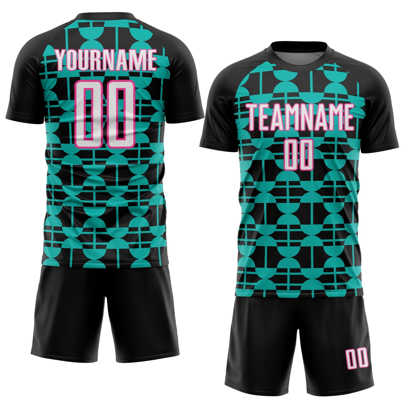 Custom Black White Aqua-Pink Geometric Shapes Sports Sublimation Soccer Uniform Jersey