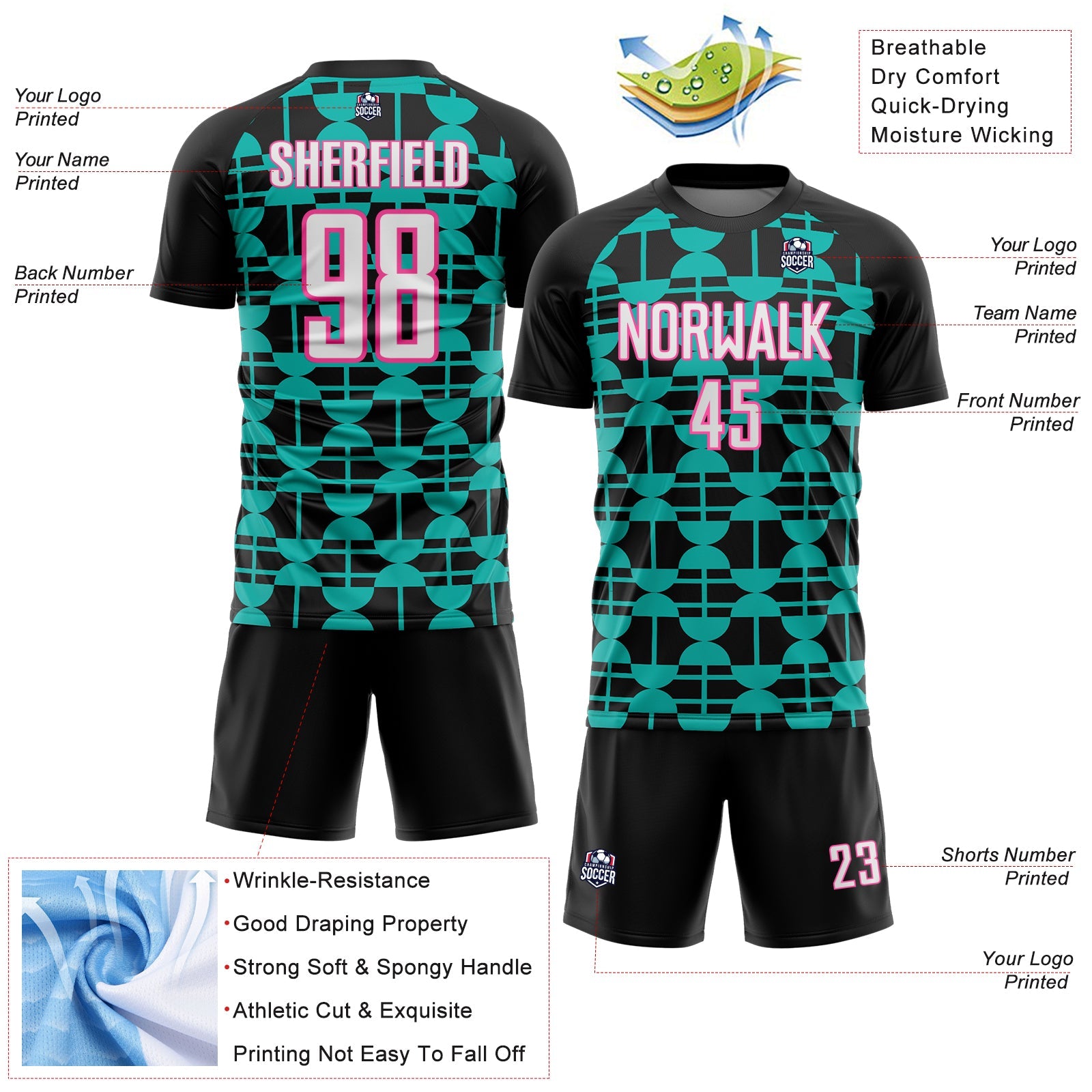 Custom Black White Aqua-Pink Geometric Shapes Sports Sublimation Soccer Uniform Jersey