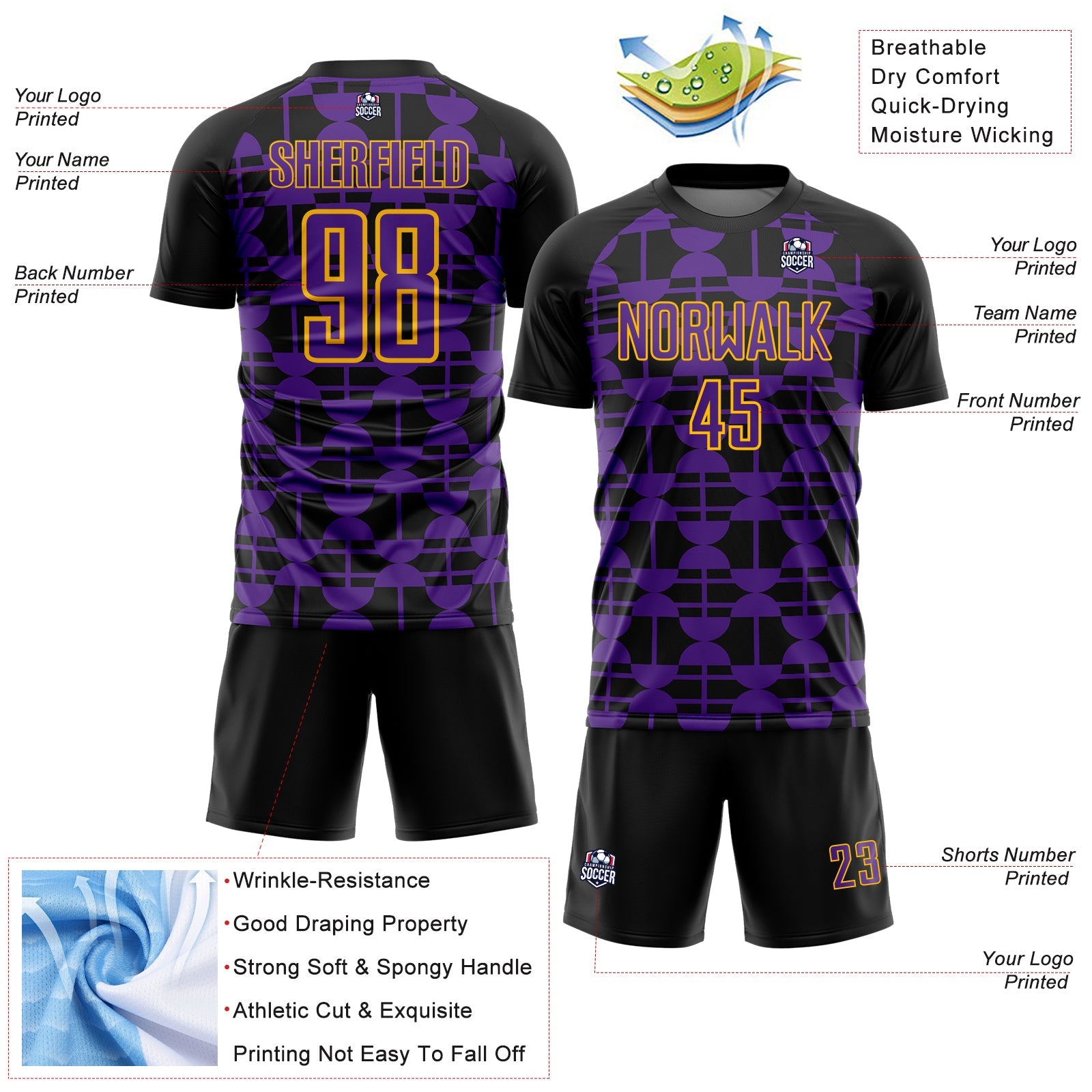 Custom Black Purple-Yellow Geometric Shapes Sports Sublimation Soccer Uniform Jersey