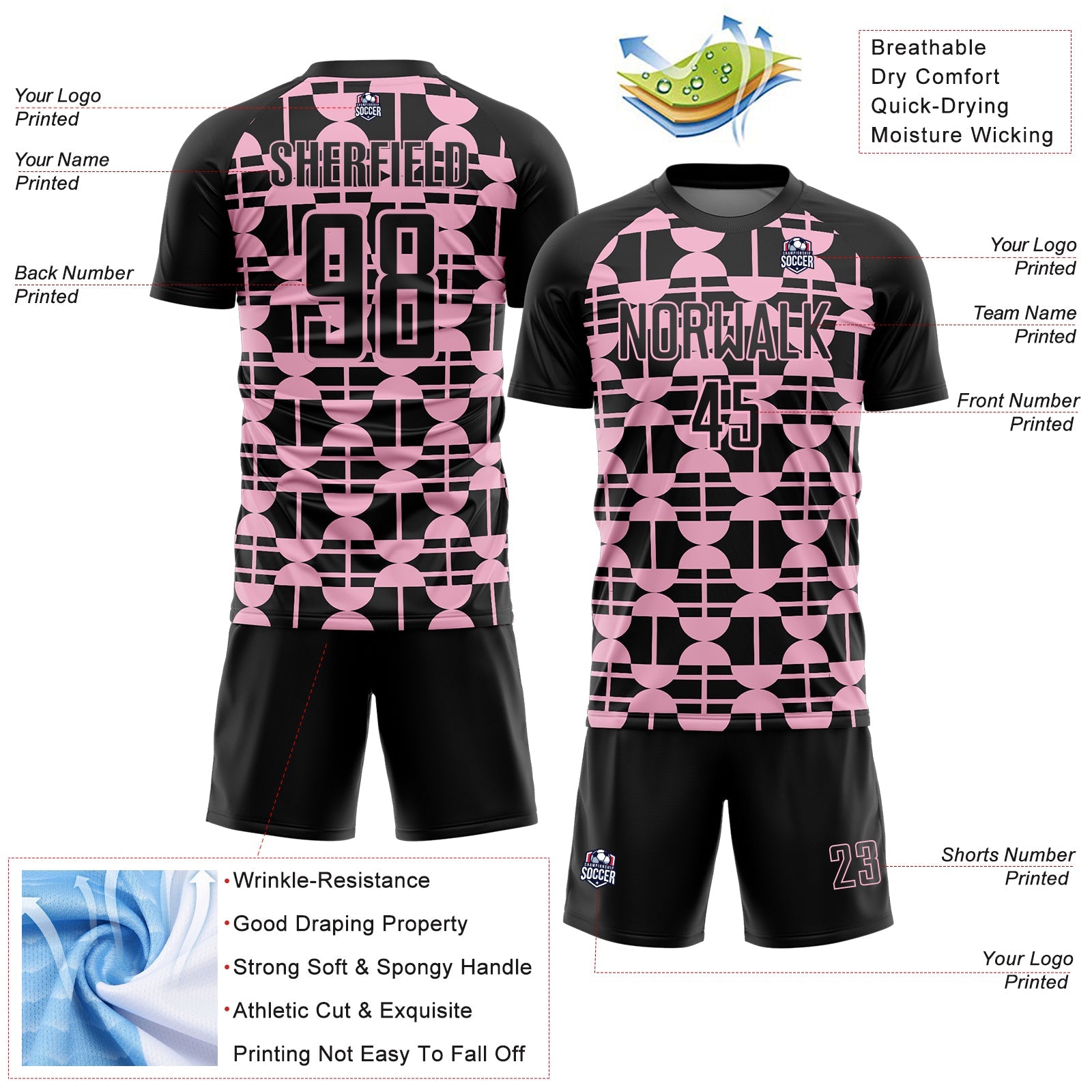 Custom Black Light Pink Geometric Shapes Sports Sublimation Soccer Uniform Jersey
