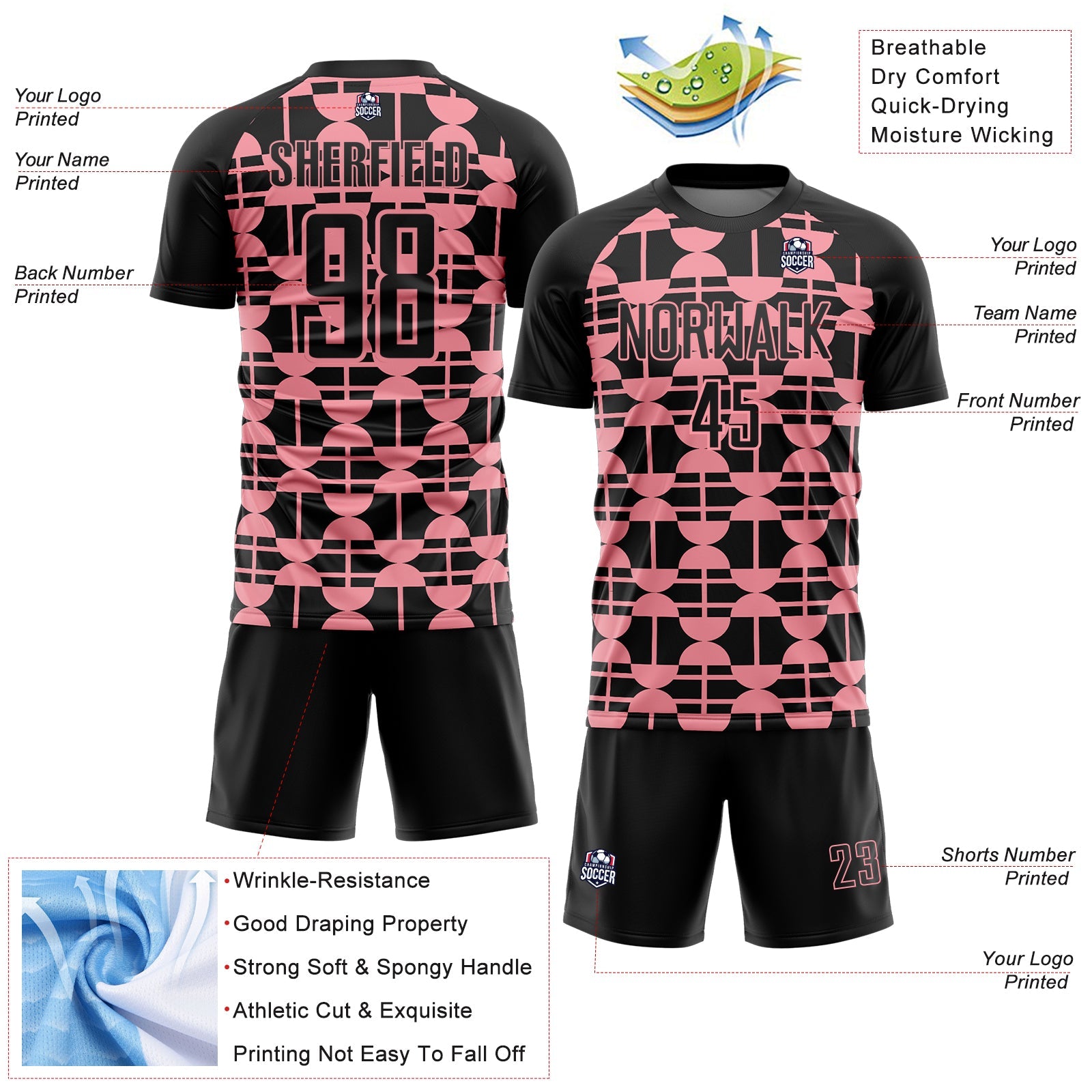 Custom Black Medium Pink Geometric Shapes Sports Sublimation Soccer Uniform Jersey
