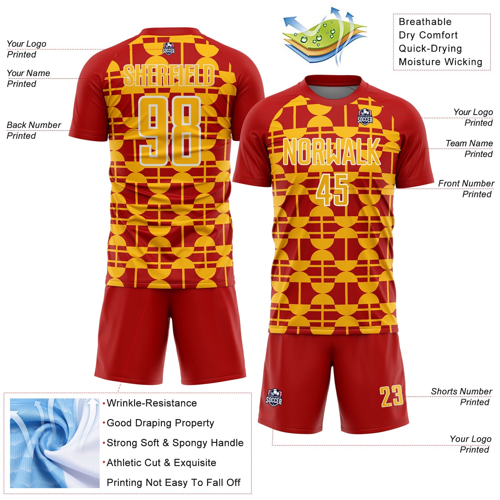 Custom Red Gold-White Geometric Shapes Sports Sublimation Soccer Uniform Jersey