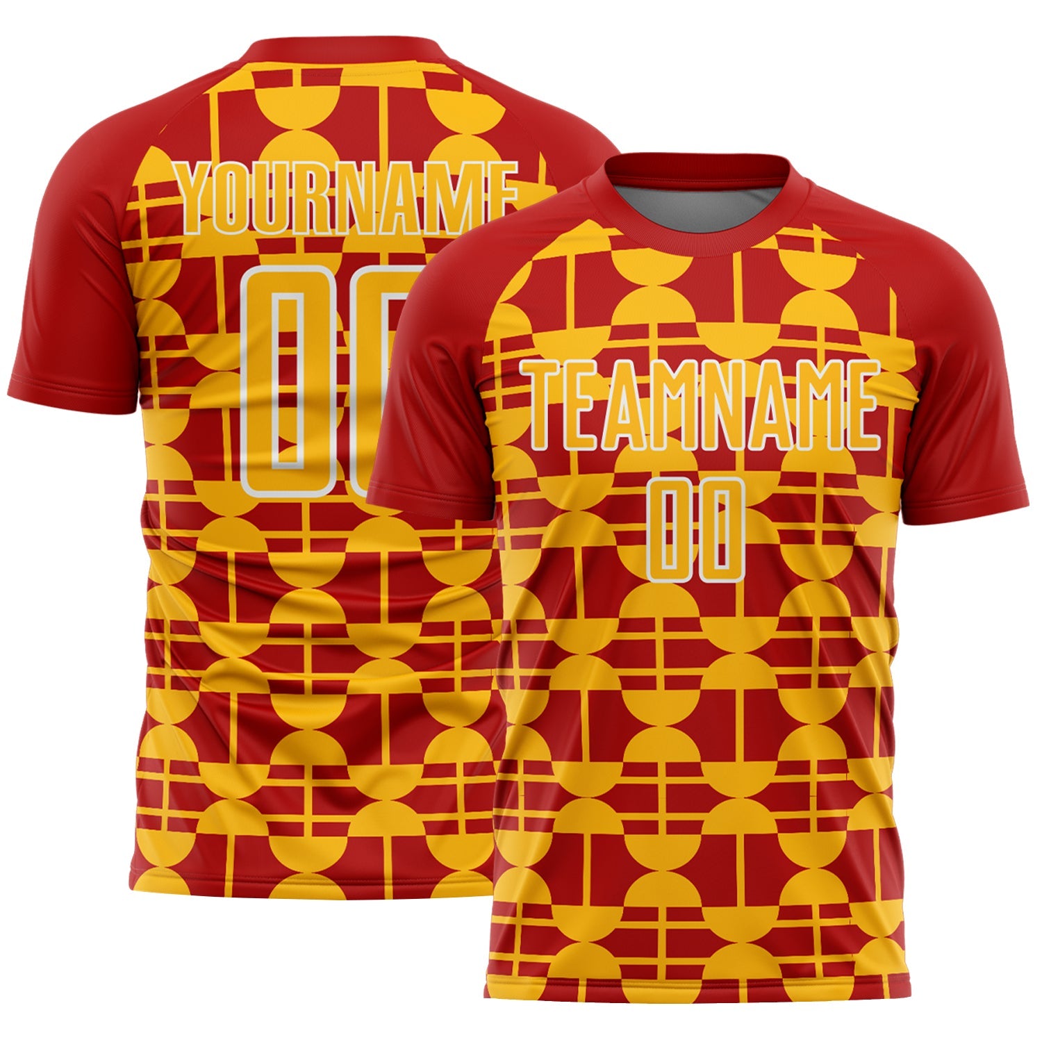 Custom Red Gold-White Geometric Shapes Sports Sublimation Soccer Uniform Jersey