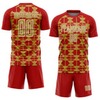 Custom Red Old Gold-White Geometric Shapes Sports Sublimation Soccer Uniform Jersey