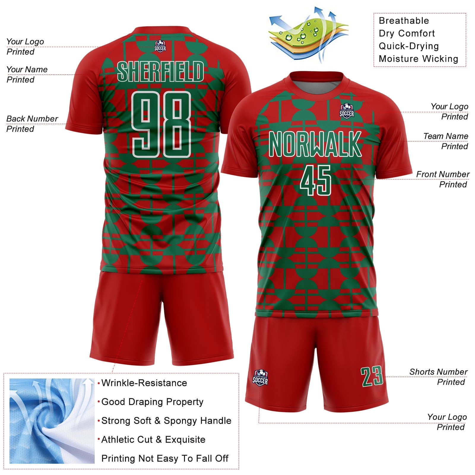 Custom Red Kelly Green-White Geometric Shapes Sports Sublimation Soccer Uniform Jersey