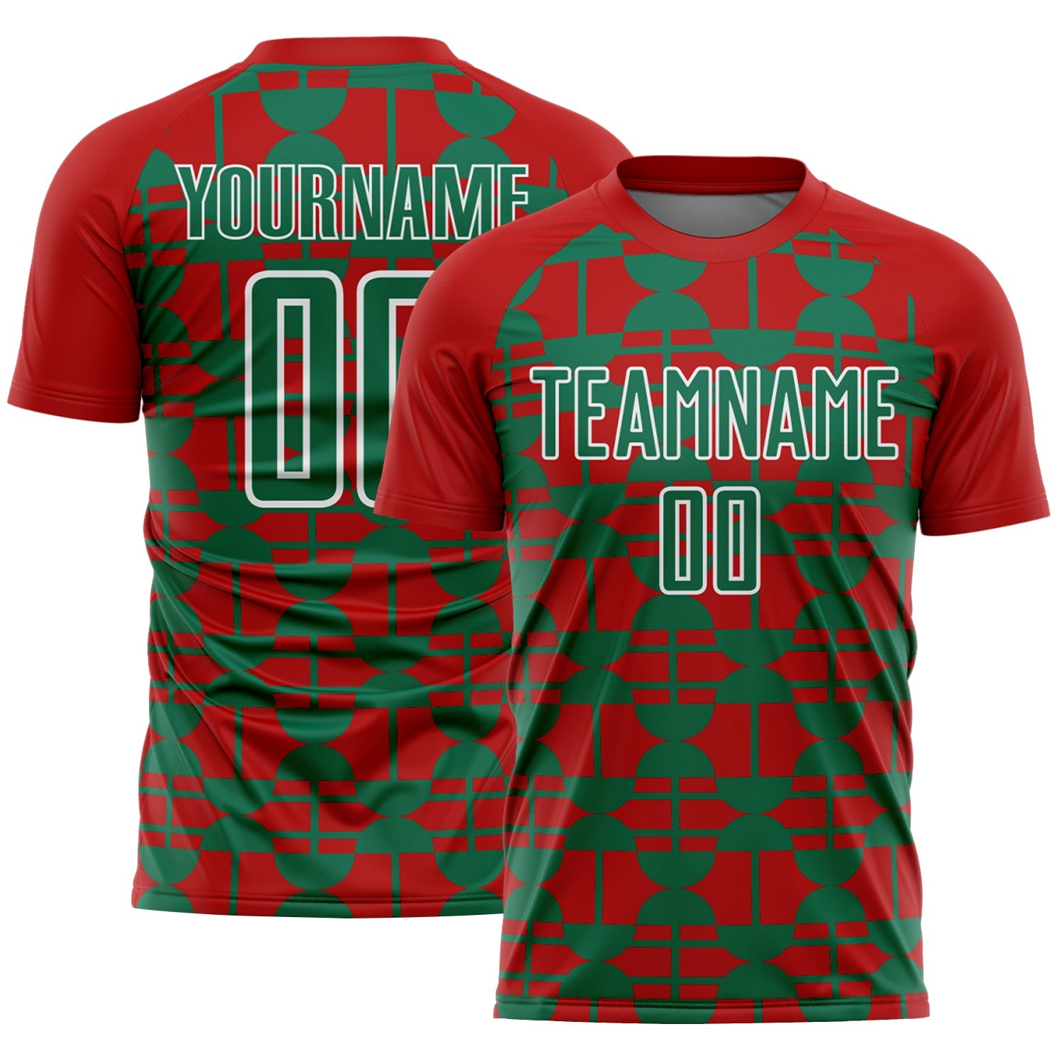 Custom Red Kelly Green-White Geometric Shapes Sports Sublimation Soccer Uniform Jersey