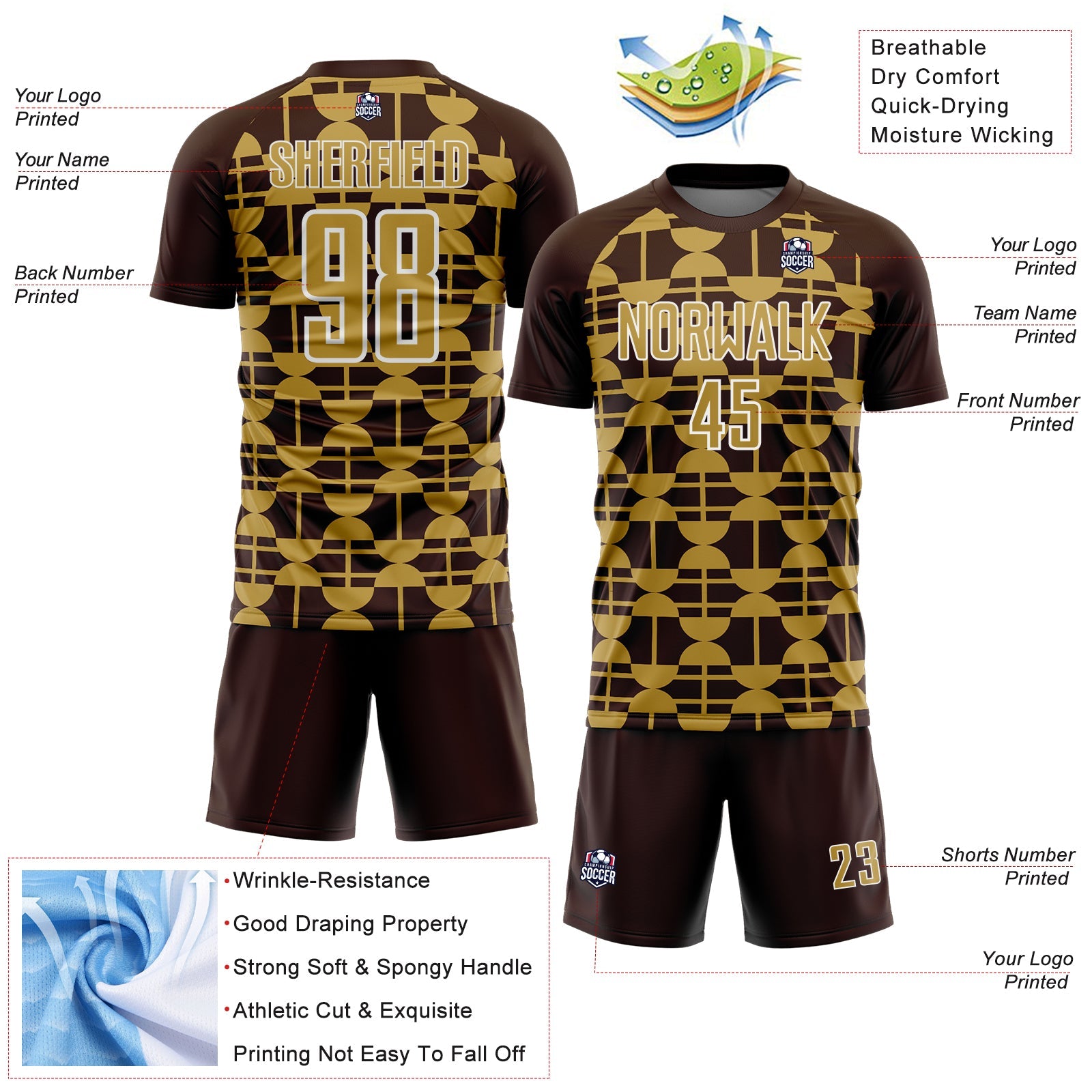 Custom Brown Old Gold-White Geometric Shapes Sports Sublimation Soccer Uniform Jersey
