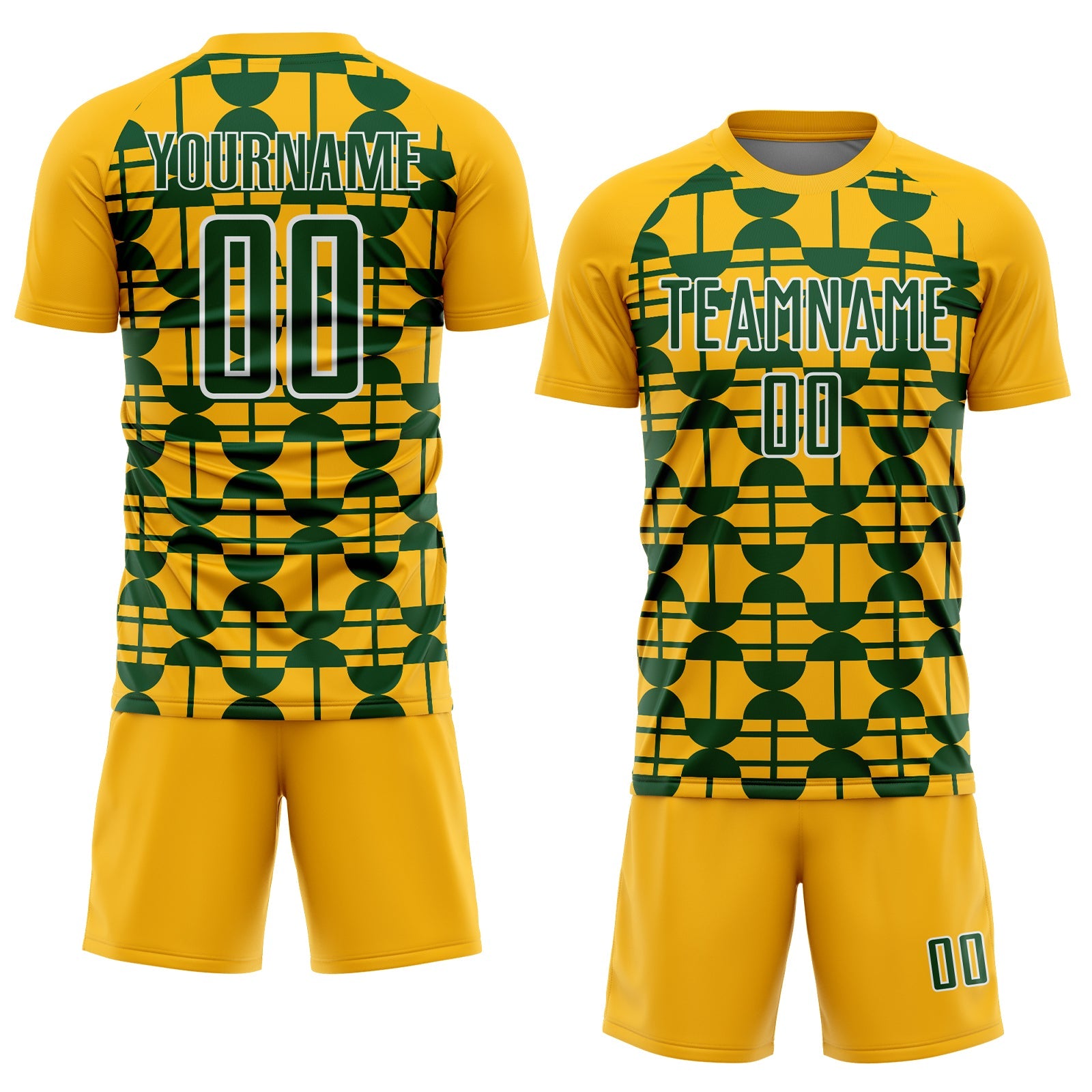 Custom Gold Green-White Geometric Shapes Sports Sublimation Soccer Uniform Jersey