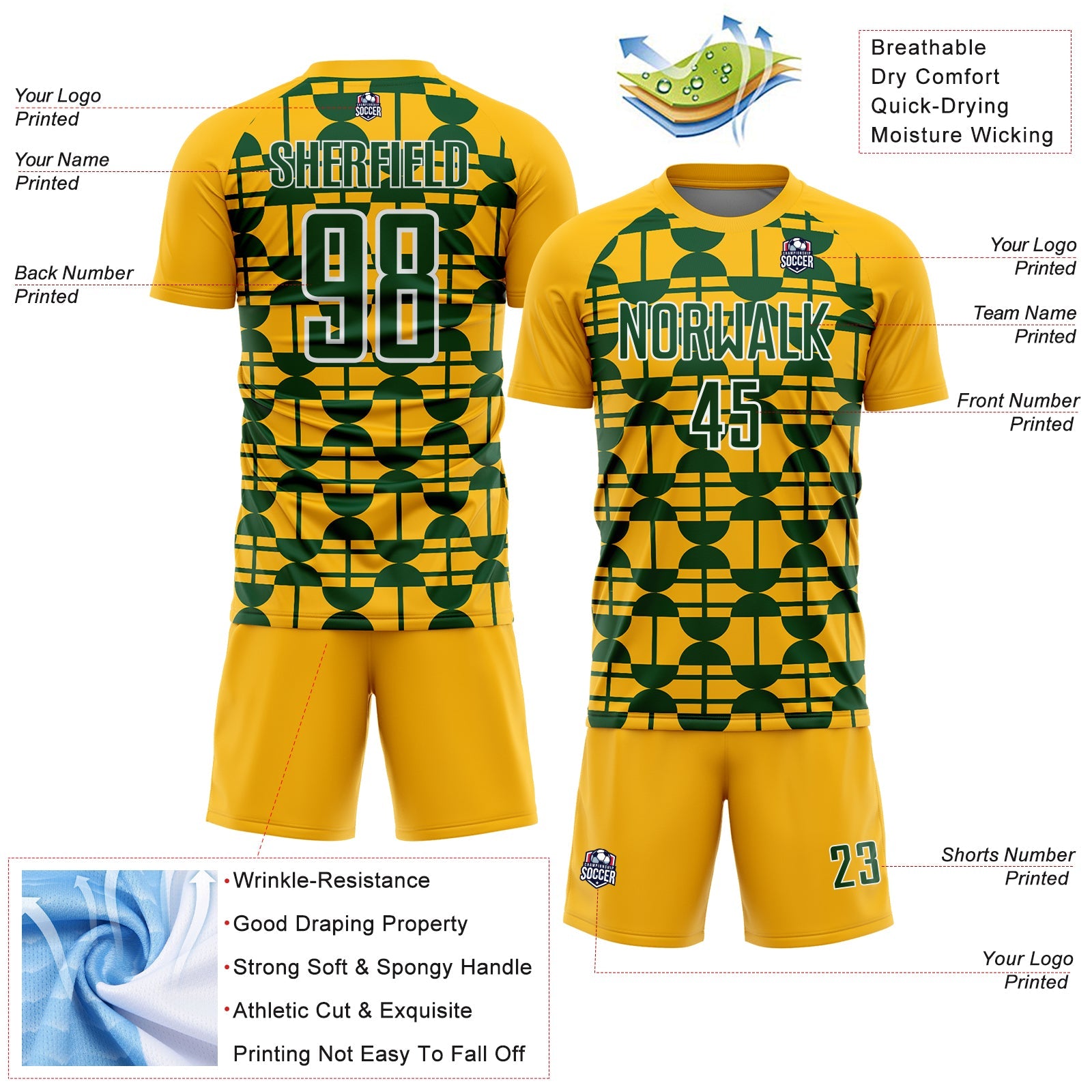 Custom Gold Green-White Geometric Shapes Sports Sublimation Soccer Uniform Jersey