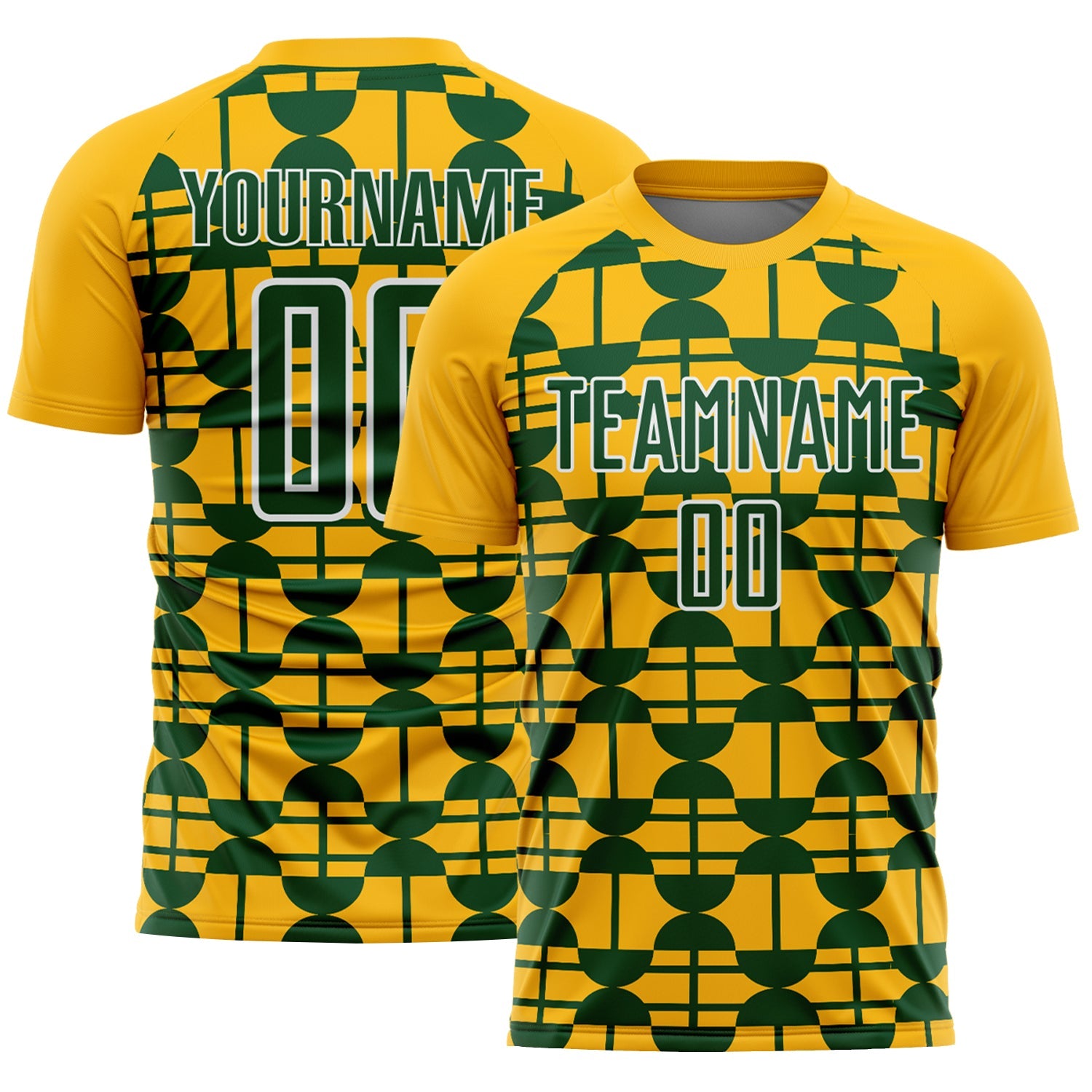 Custom Gold Green-White Geometric Shapes Sports Sublimation Soccer Uniform Jersey