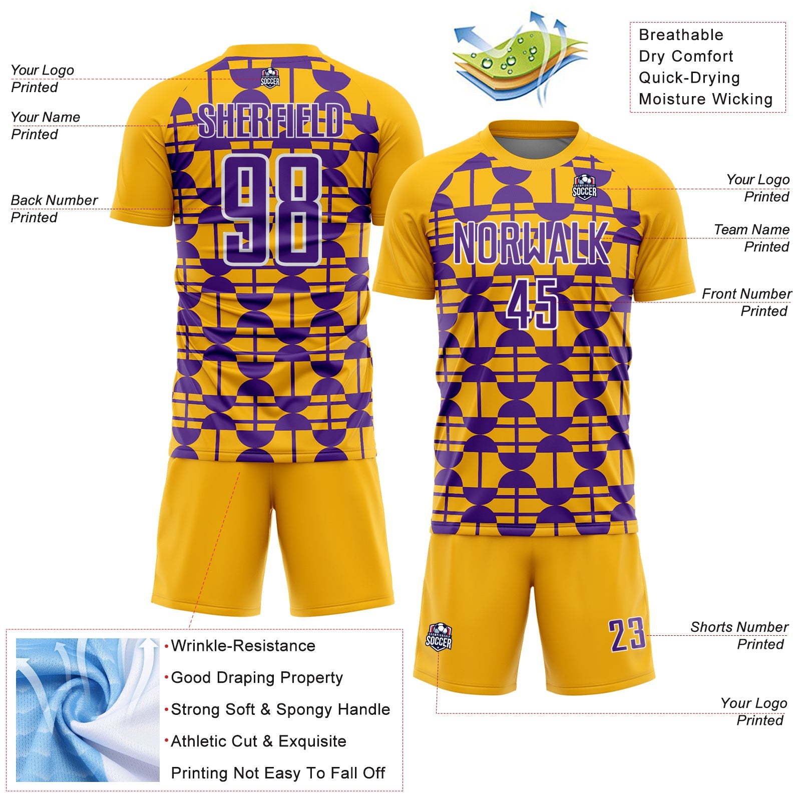 Custom Gold Purple-White Geometric Shapes Sports Sublimation Soccer Uniform Jersey