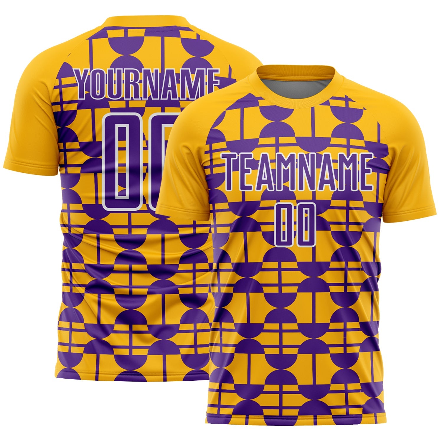Custom Gold Purple-White Geometric Shapes Sports Sublimation Soccer Uniform Jersey