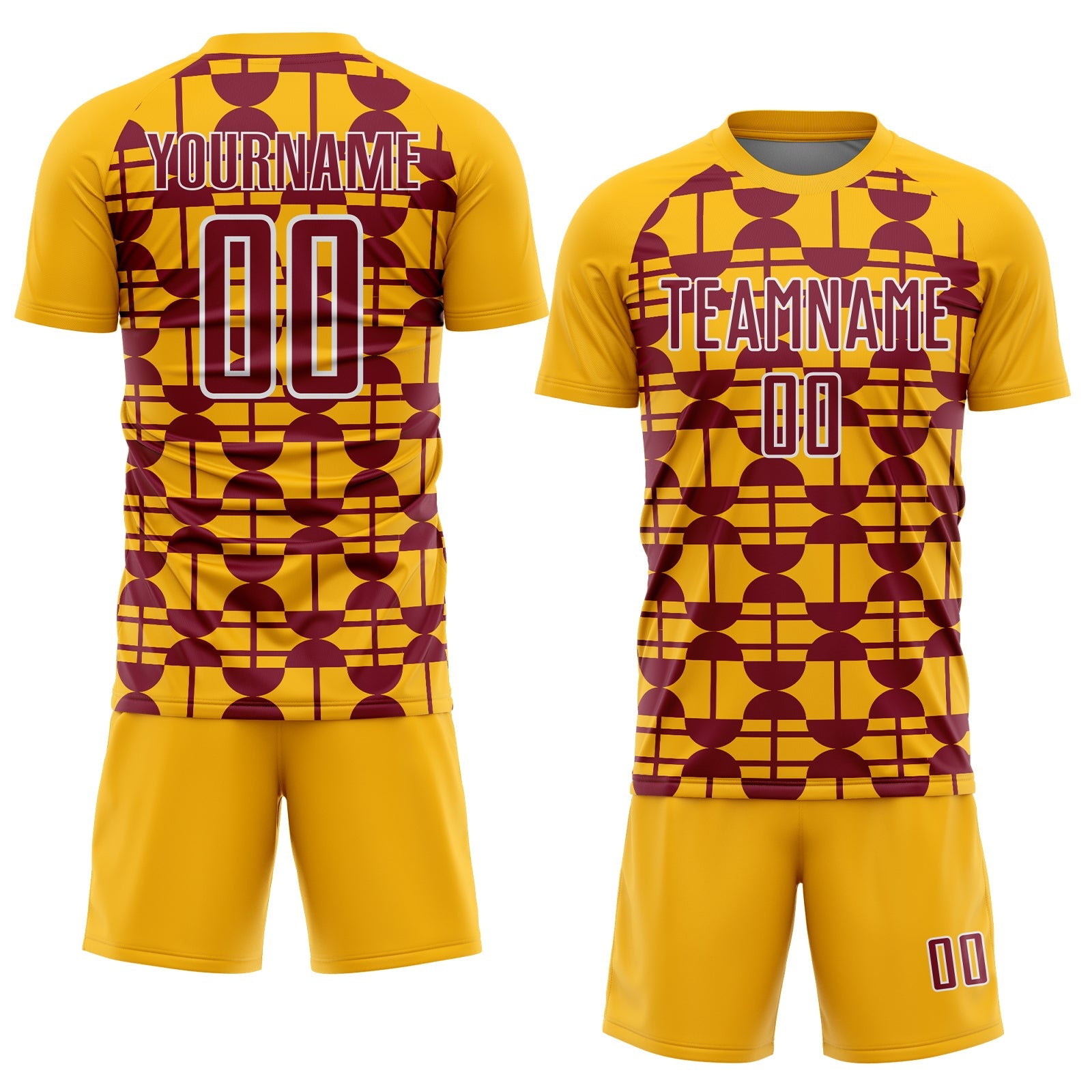 Custom Gold Crimson-White Geometric Shapes Sports Sublimation Soccer Uniform Jersey